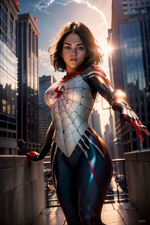 (Extreme Detail CG Unity 8K wallpaper, masterpiece, highest quality), (Exquisite lighting and shadow, highly dramatic graphics, Cinematic lens effect), (A girl in a white Spider-Man costume, from a parallel universe, city skyline in the background, dynamic pose), (excellent detail, outstanding lighting, wide angle), (excellent rendering, enough to stand out in its class)