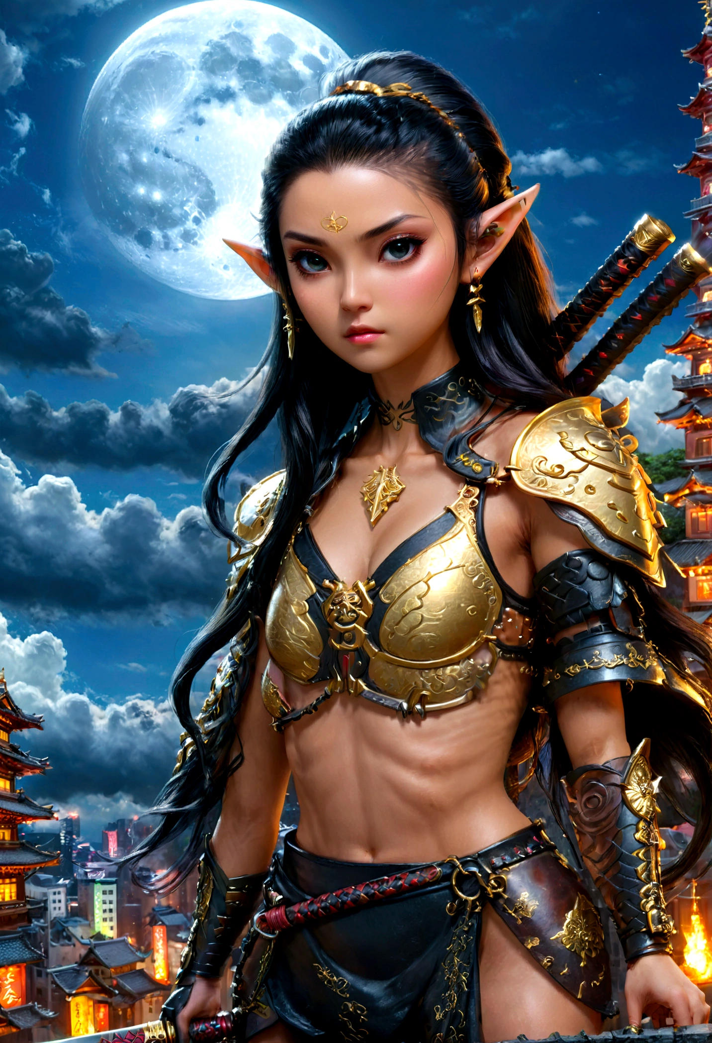 fantasy art, RPG art, dark fantasy art, a female elf samurai, ready to battle, she wears traditional samurai armor, armed with a katana, she stands on top of a tower in a cyberpunk city, exquisite beautiful female elf, long hair, black hair, straight hair, braided hair, black eyes, intense eyes, small pointed ears, cyberpunk city at night, background, moon, stars, clouds, god rays, soft natural light, dynamic angle, photorealism, panoramic view, ultra best realistic, best details, 16k, [ultra detailed], masterpiece, best quality, (extremely detailed), photorealism, 