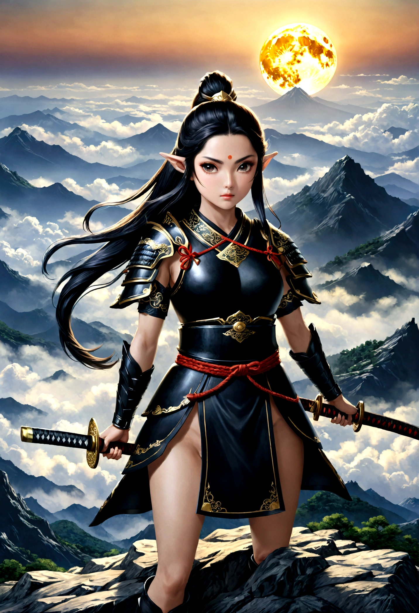 fantasy art, RPG art, dark fantasy art, a female elf samurai, ready to battle, she wears traditional samurai armor, armed with a katana, she stands on top of the mountain at dawn, exquisite beautiful female elf, long hair, black hair, straight hair, braided hair, black eyes, intense eyes, small pointed ears, fantasy mountain top at dawn background, moon, stars, clouds, god rays, soft natural light silhouette, dynamic angle, photorealism, panoramic view, ultra best realistic, best details, 16k, [ultra detailed], masterpiece, best quality, (extremely detailed), photorealism, 