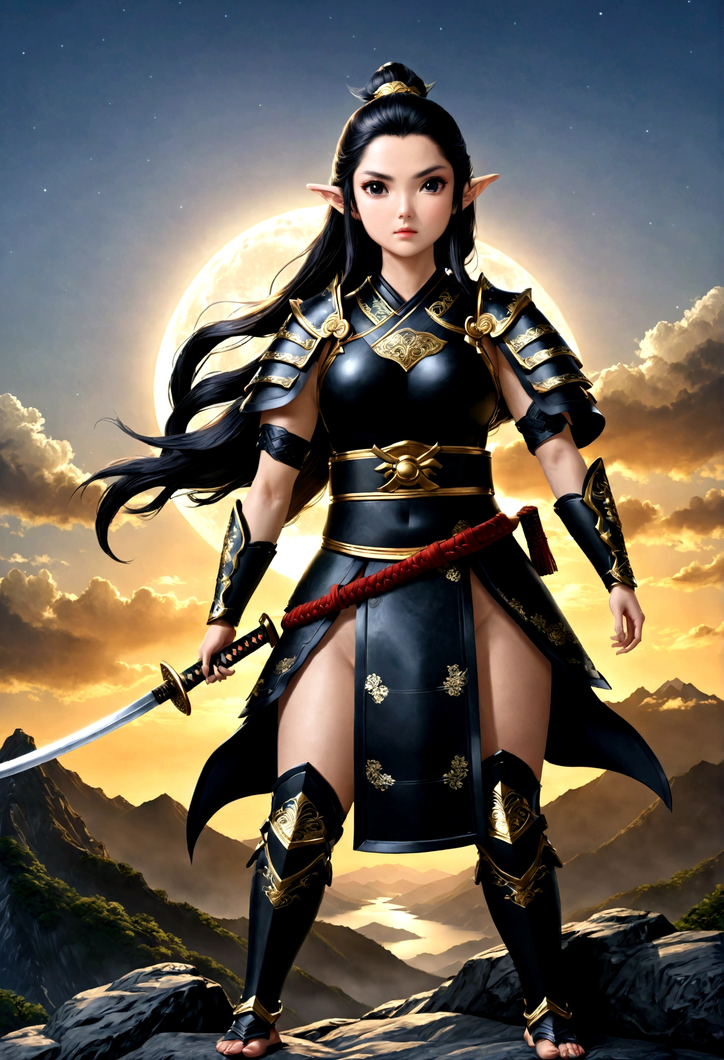 fantasy art, RPG art, dark fantasy art, a female elf samurai, ready to battle, she wears traditional samurai armor, armed with a katana, she stands on top of the mountain at dawn, exquisite beautiful female elf, long hair, black hair, straight hair, braided hair, black eyes, intense eyes, small pointed ears, fantasy mountain top at dawn background, moon, stars, clouds, god rays, soft natural light silhouette, dynamic angle, photorealism, panoramic view, ultra best realistic, best details, 16k, [ultra detailed], masterpiece, best quality, (extremely detailed), photorealism, 