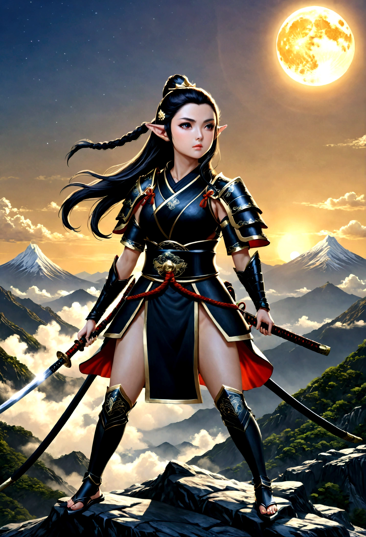 art fantastique, Art du RPG, dark art fantastique, une femme samouraï elfe, prêt à se battre, elle porte une armure de samouraï traditionnelle, armé d&#39;un katana, elle se tient au sommet de la montagne à l&#39;aube, exquise belle elfe femelle, cheveux longs, cheveux noirs, Cheveux raides, cheveux tressés, Yeux noirs, yeux intenses, petites oreilles pointues, sommet de montagne fantastique à l&#39;aube fond, lune, étoiles, des nuages, Dieu rayons, silhouette de lumière naturelle douce, Angle dynamique, photoréalisme, Vue panoramique, ultra meilleur réaliste, meilleurs détails, 16k, [ultra détaillé], chef-d&#39;œuvre, Meilleure qualité, (extrêmement détaillé), photoréalisme, 