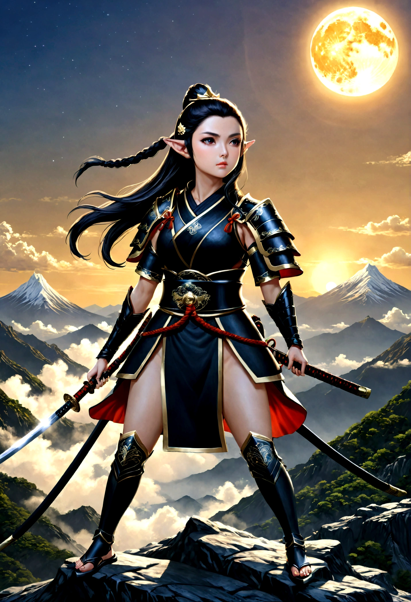 fantasy art, RPG art, dark fantasy art, a female elf samurai, ready to battle, she wears traditional samurai armor, armed with a katana, she stands on top of the mountain at dawn, exquisite beautiful female elf, long hair, black hair, straight hair, braided hair, black eyes, intense eyes, small pointed ears, fantasy mountain top at dawn background, moon, stars, clouds, god rays, soft natural light silhouette, dynamic angle, photorealism, panoramic view, ultra best realistic, best details, 16k, [ultra detailed], masterpiece, best quality, (extremely detailed), photorealism, 