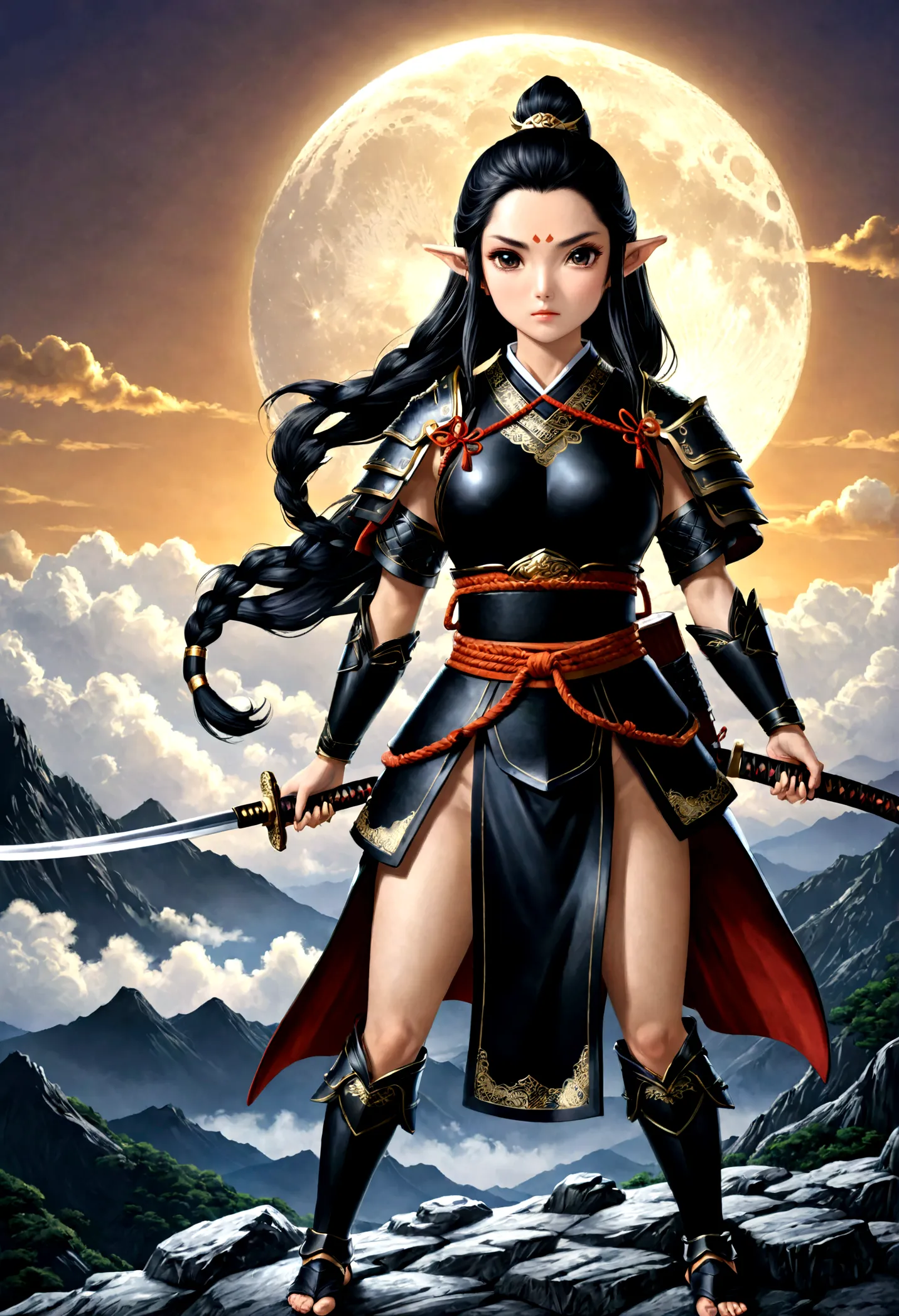fantasy art, RPG art, dark fantasy art, a female elf samurai, ready to battle, she wears traditional samurai armor, armed with a...