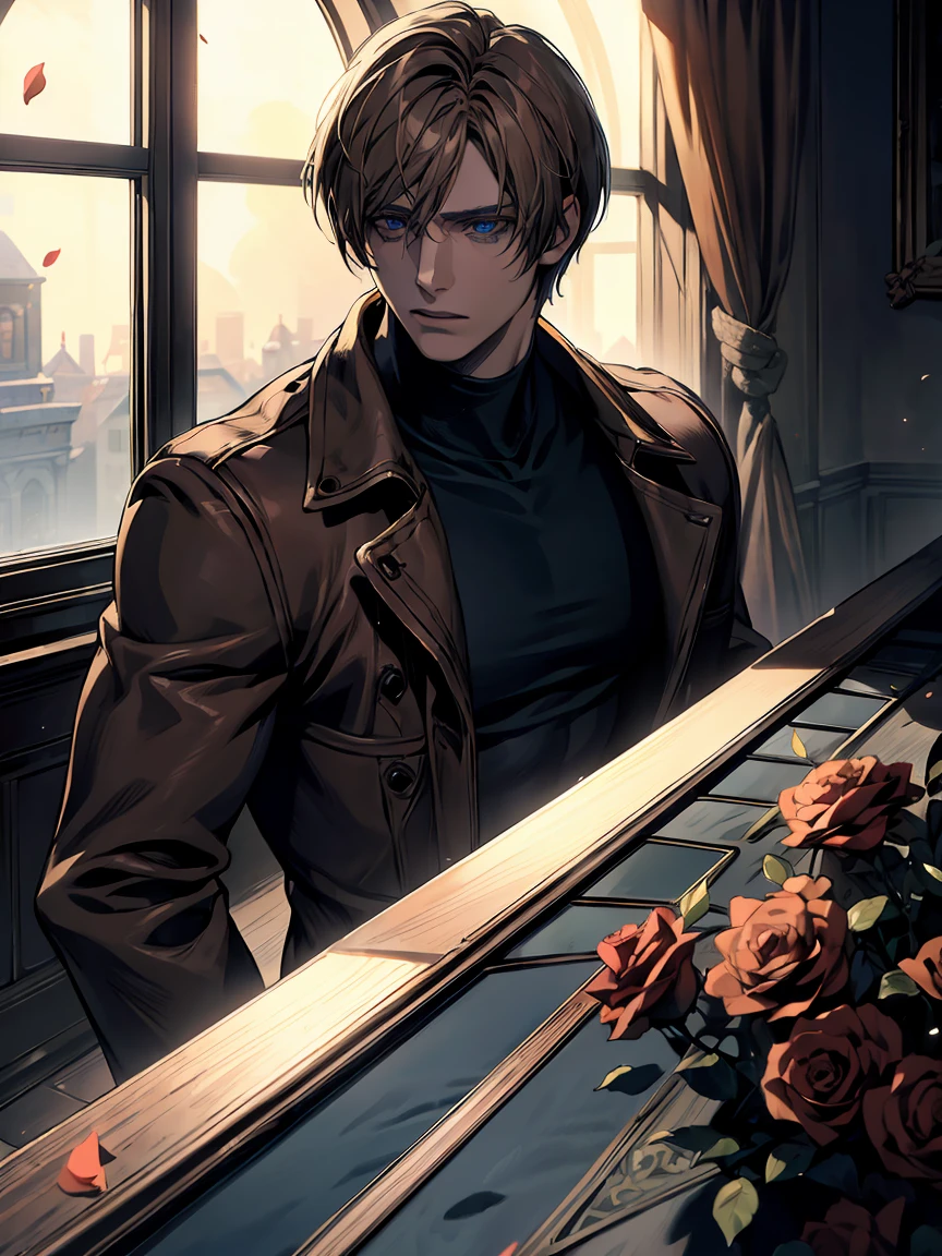 absurdres, highres, ultra detailed, HDR, masterpiece, Leon S Kennedy, blond-brown hair, expressive blue eyes, Resident Evil 6, 1man, handsome, brown coat, tight black shirt, toned chest, window, moon, petals, roses