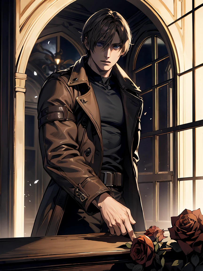 absurdres, highres, ultra detailed, HDR, masterpiece, Leon S Kennedy, blond-brown hair, expressive blue eyes, Resident Evil 6, 1man, handsome, brown coat, tight black shirt, toned chest, window, moon, petals, roses