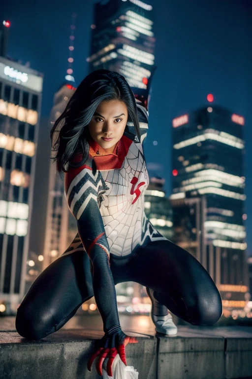 (Extreme Detail CG Unity 8K wallpaper, masterpiece, highest quality), (Exquisite lighting and shadow, highly dramatic graphics, Cinematic lens effect), (A girl in a white Spider-Man costume, from a parallel universe, city skyline in the background, dynamic pose), (excellent detail, outstanding lighting, wide angle), (excellent rendering, enough to stand out in its class)