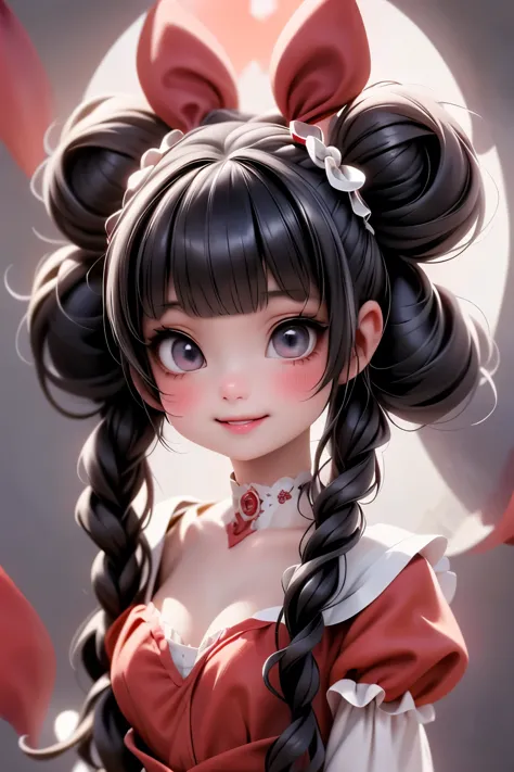 a vampire_girl smiling, blood stains at face, red (strapless dress), pigtails, hair accessories made by rubies, red smokey eyes ...