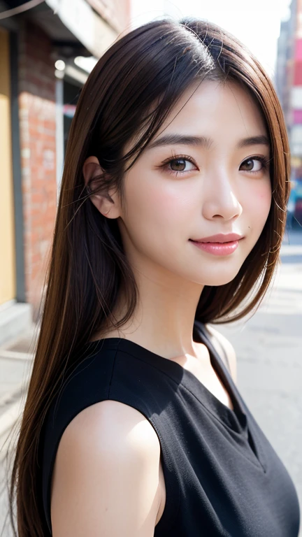 (((Close-up of face)))、(((Brown hair straight)))、(((She is posing like a hair salon model with a New York alleyway in the background.)))、(((She is wearing casual clothes suitable for early summer.。The shoulders are hidden)))、(Natural laughter:1.25)、Half Japanese, half Korean、18 year old girl、Standing Alone、Looking forward、Light eye makeup、Brown Hair Color、Flat and 、Hair blowing in the wind、Actress Quality、Glossy, ultra-realistic face、Smiling face、Watery eyes、Gazing Up、Subtle lighting effects、 Ultra-Realistic Capture、Very detailed、High resolution 16K close up of human skin。Skin texture must be natural、The details must be such that pores can be clearly seen、The skin is healthy、Uniform tone、Use natural light and colors、A worn-out, high-quality photo taken by a model agency&#39;s in-house photographer.、smile、(((SIGMA 300 mm F/1.4,1/1000 sec shutter,ISO 400)))、The background is F-stop 1..4 is blurred