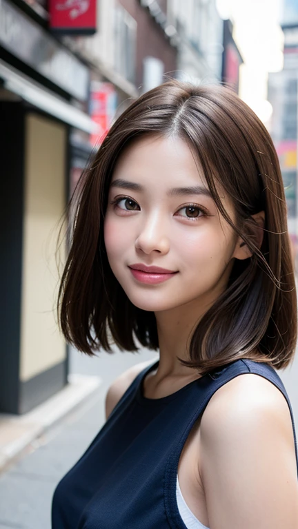 (((Close-up of face)))、(((Brown hair straight)))、(((She is posing like a hair salon model with a New York alleyway in the background.)))、(((She is wearing casual clothes suitable for early summer.。The shoulders are hidden)))、(Natural laughter:1.25)、Half Japanese, half Korean、18 year old girl、Standing Alone、Looking forward、Light eye makeup、Brown Hair Color、Flat and 、Hair blowing in the wind、Actress Quality、Glossy, ultra-realistic face、Smiling face、Watery eyes、Gazing Up、Subtle lighting effects、 Ultra-Realistic Capture、Very detailed、High resolution 16K close up of human skin。Skin texture must be natural、The details must be such that pores can be clearly seen、The skin is healthy、Uniform tone、Use natural light and colors、A worn-out, high-quality photo taken by a model agency&#39;s in-house photographer.、smile、(((SIGMA 300 mm F/1.4,1/1000 sec shutter,ISO 400)))、The background is F-stop 1..4 is blurred