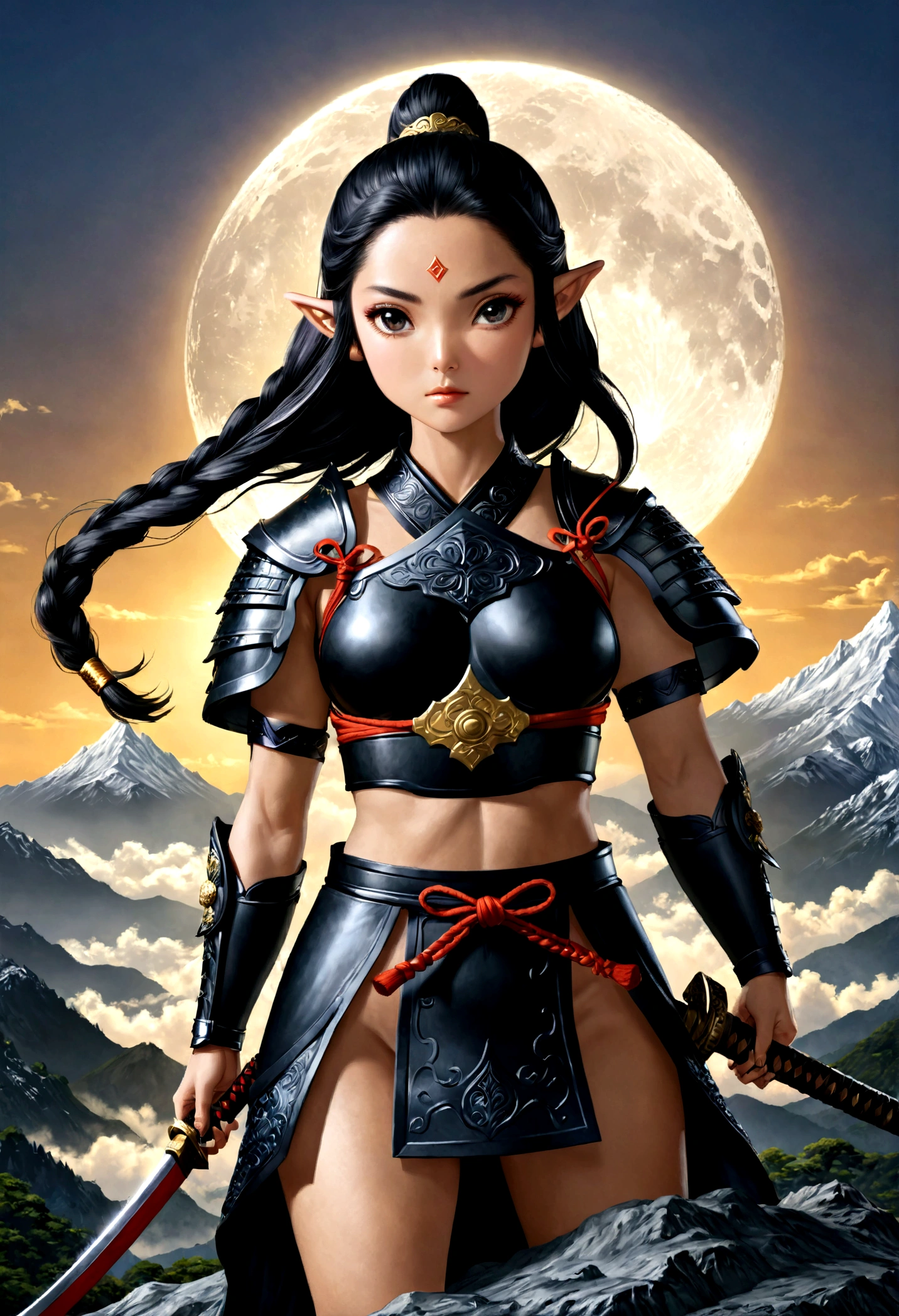 fantasy art, RPG art, dark fantasy art, a female elf samurai, ready to battle, she wears traditional samurai armor, armed with a katana, she stands on top of the mountain at dawn, exquisite beautiful female elf, long hair, black hair, straight hair, braided hair, black eyes, intense eyes, small pointed ears, fantasy mountain top at dawn background, moon, stars, clouds, god rays, soft natural light silhouette, dynamic angle, photorealism, panoramic view, ultra best realistic, best details, 16k, [ultra detailed], masterpiece, best quality, (extremely detailed), photorealism, 