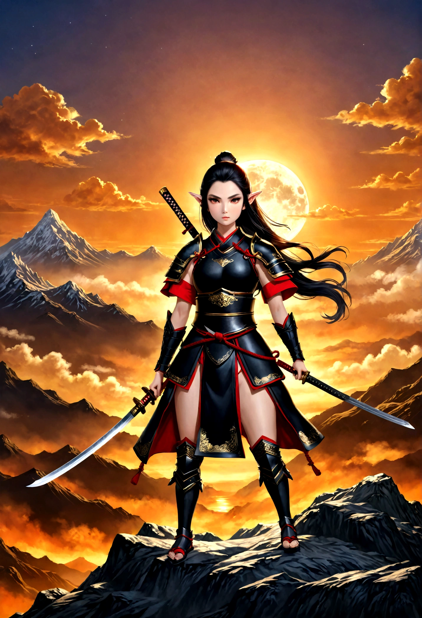 фэнтези-арт, РПГ арт, dark фэнтези-арт, женщина-эльф-самурай, готов к бою, она носит традиционные самурайские доспехи,  она носит бронированную юбку, вооружен катаной, она стоит на вершине горы на рассвете, изысканная красивая эльфийка, Длинные волосы, черные волосы, Прямые волосы, Плетеные волосы, черные глаза, напряженные глаза, маленькие заостренные уши, Фэнтезийная вершина горы на рассвете, луна, звезды, облака, Бог лучи, мягкий силуэт естественного света, Динамический угол, фотореализм, Панорамный вид, ультра лучший реалистичный, лучшие детали, 16 тыс., [Ультра подробный], шедевр, Лучшее качество, (чрезвычайно подробный), фотореализм, 