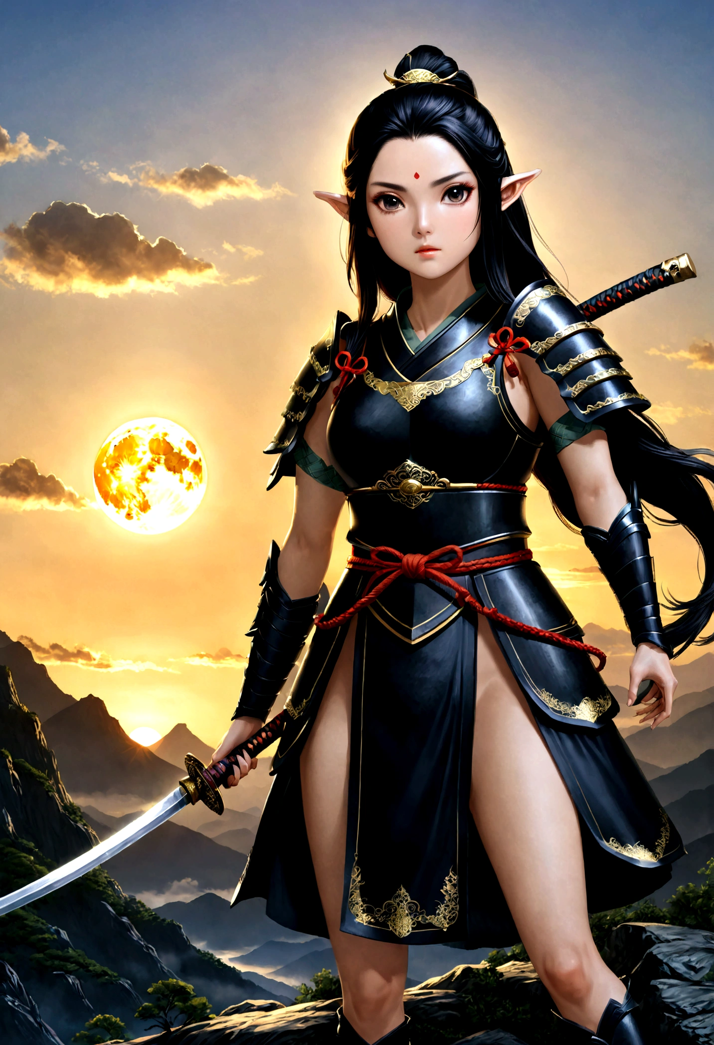 fantasy art, RPG art, dark fantasy art, a female elf samurai, ready to battle, she wears traditional samurai armor,  she wears armored skirt, armed with a katana, she stands on top of the mountain at dawn, exquisite beautiful female elf, long hair, black hair, straight hair, braided hair, black eyes, intense eyes, small pointed ears, fantasy mountain top at dawn background, moon, stars, clouds, god rays, soft natural light silhouette, dynamic angle, photorealism, panoramic view, ultra best realistic, best details, 16k, [ultra detailed], masterpiece, best quality, (extremely detailed), photorealism, 