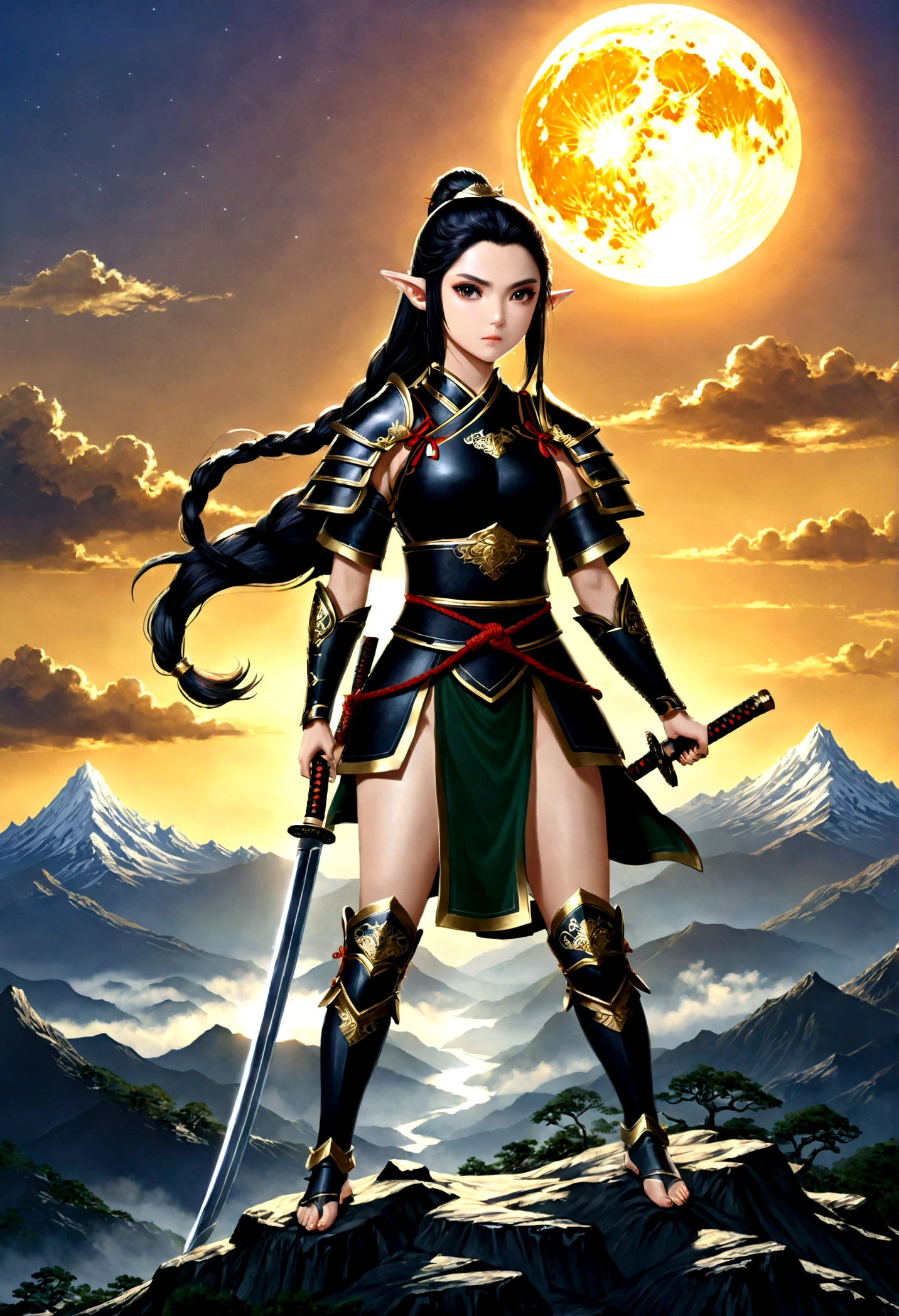 art fantastique, Art du RPG, dark art fantastique, une femme samouraï elfe, prêt à se battre, elle porte une armure de samouraï traditionnelle,  elle porte une jupe blindée, armé d&#39;un katana, elle se tient au sommet de la montagne à l&#39;aube, exquise belle elfe femelle, cheveux longs, cheveux noirs, Cheveux raides, cheveux tressés, Yeux noirs, yeux intenses, petites oreilles pointues, sommet de montagne fantastique à l&#39;aube fond, lune, étoiles, des nuages, Dieu rayons, silhouette de lumière naturelle douce, Angle dynamique, photoréalisme, Vue panoramique, ultra meilleur réaliste, meilleurs détails, 16k, [ultra détaillé], chef-d&#39;œuvre, Meilleure qualité, (extrêmement détaillé), photoréalisme, 
