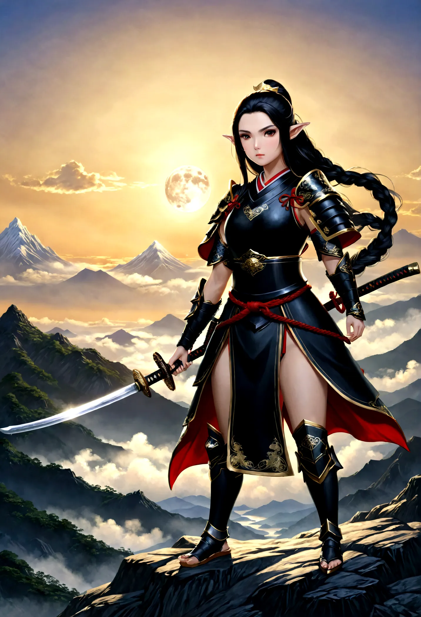 fantasy art, RPG art, dark fantasy art, a female elf samurai, ready to battle, she wears traditional samurai armor,  she wears a...