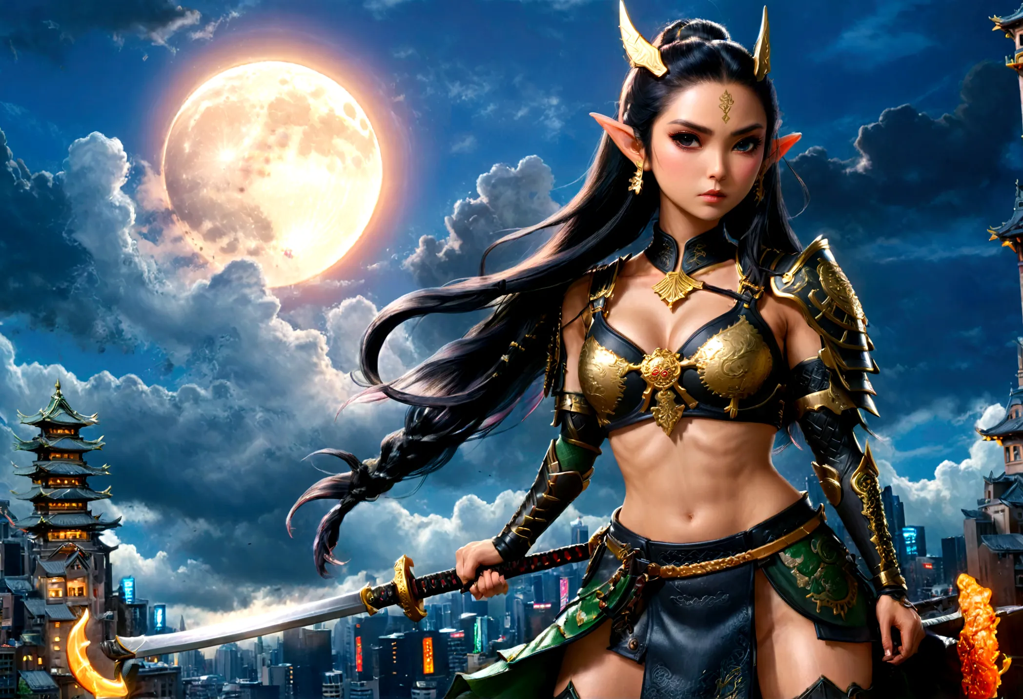 fantasy art, RPG art, dark fantasy art, a female elf samurai, ready to battle, she wears traditional samurai armor, she wears ar...