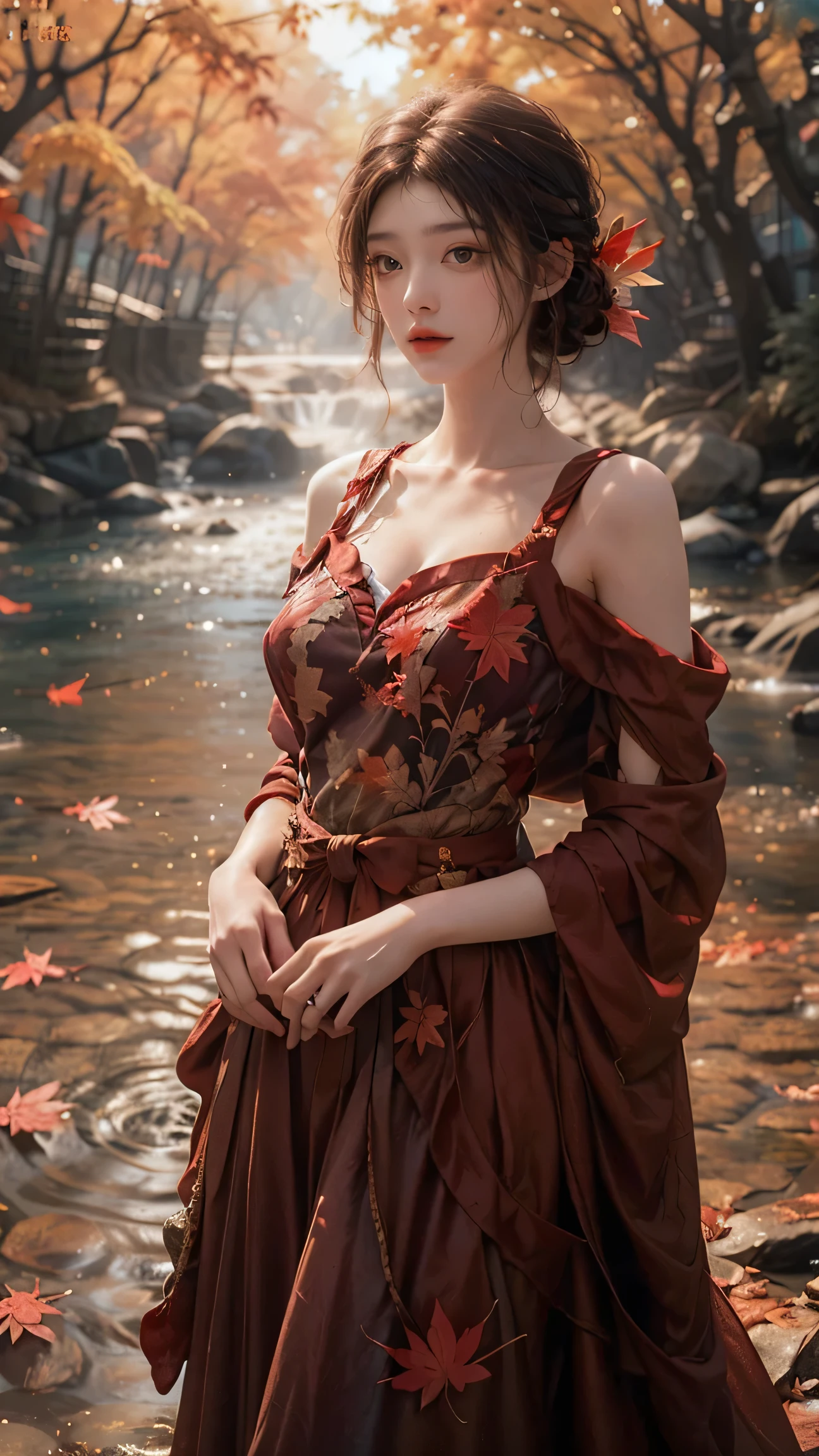 (fashion magazine cover:1.3),(full-size photograph:1.3),(a beautiful and delicate girl:1.2),(gorgeous formal attire:1.1),cleavage,(fashion design:1.1),a tender and watery gaze,elegant,
((Dadaism)),(creek:1.2),(free wind:1.1),(mist:1.1),warm and delicate sunshine,(red maple leaf:1.1),photography,