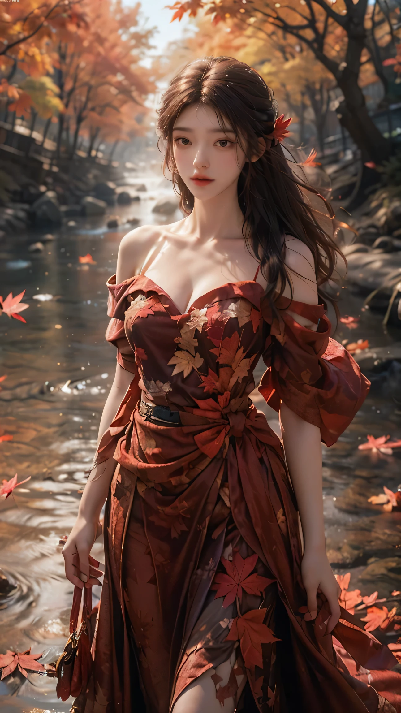 (fashion magazine cover:1.3),(full-size photograph:1.3),(a beautiful and delicate girl:1.2),(gorgeous formal attire:1.1),cleavage,(fashion design:1.1),a tender and watery gaze,elegant,
((Dadaism)),(creek:1.2),(free wind:1.1),(mist:1.1),warm and delicate sunshine,(red maple leaf:1.1),photography,