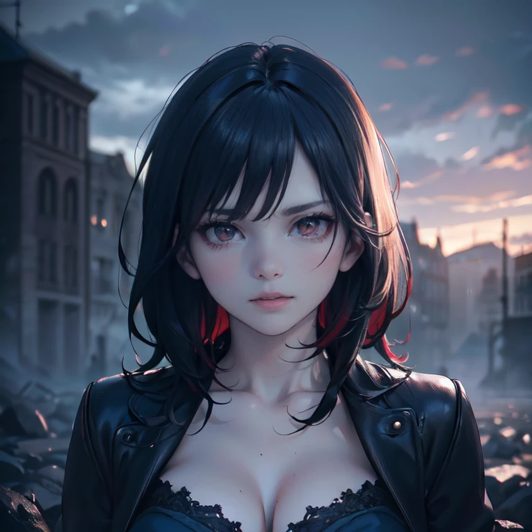 1 girl, demon, crazy expression, evil, red eyes, black blue hair with highlights, (best quality,4k,8k,highres,masterpiece:1.2),ultra-detailed,(realistic,photorealistic,photo-realistic:1.37),intricate details, dark fantasy, chiaroscuro lighting, ominous atmosphere, dramatic contrast, deep shadows, moody colors, blue and red tones