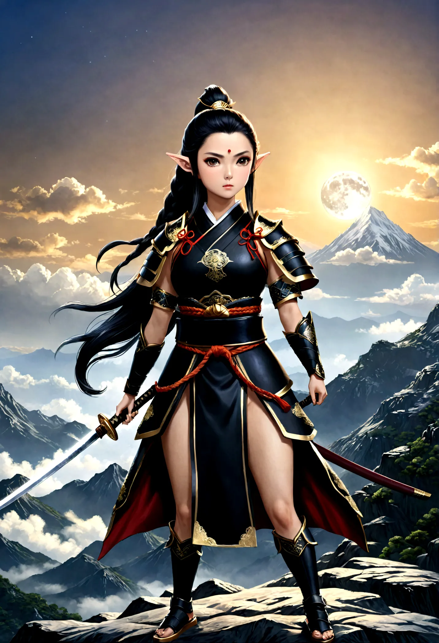 fantasy art, RPG art, dark fantasy art, a female elf samurai, ready to battle, she wears traditional samurai armor, armed with a...