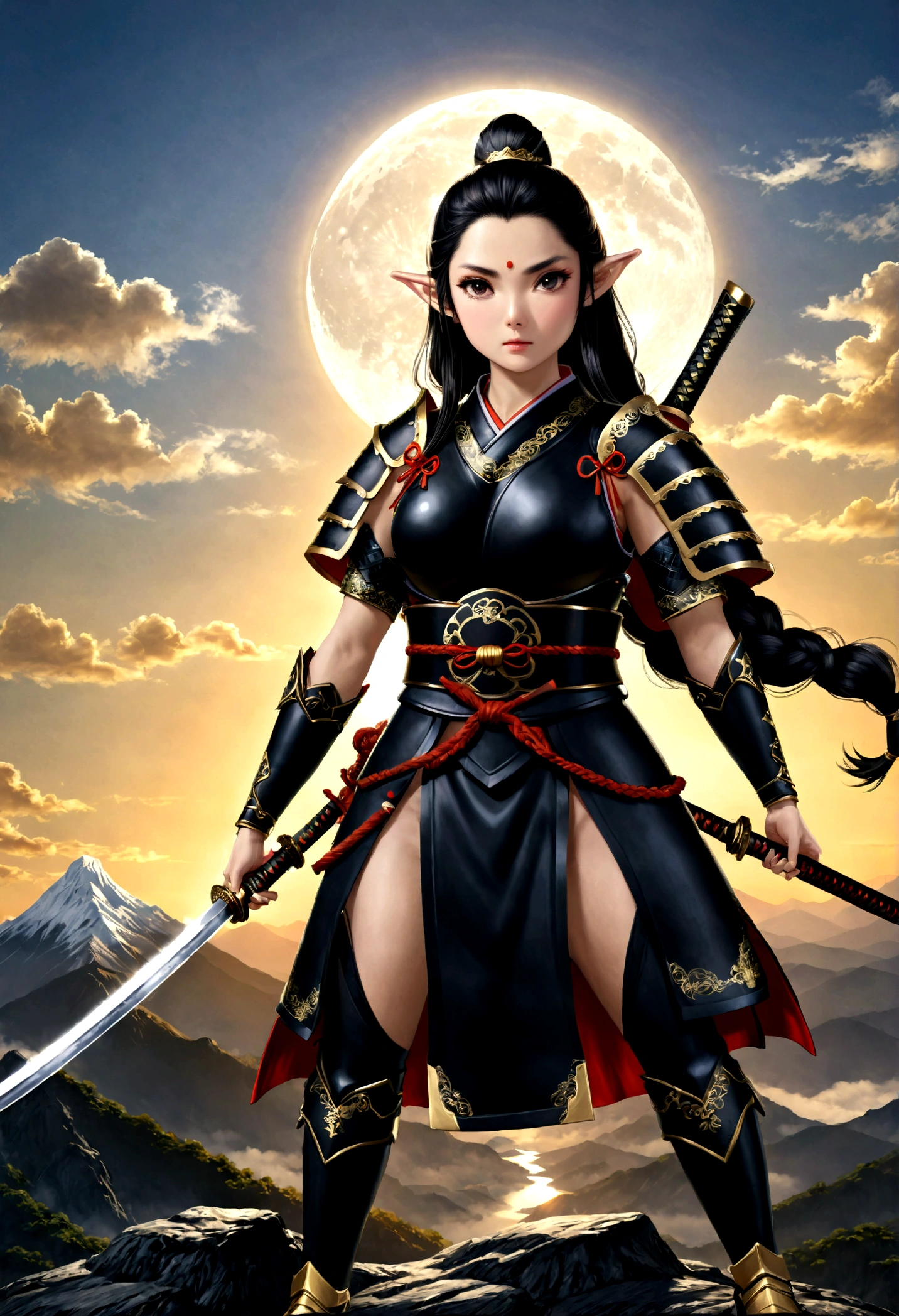 art fantastique, Art du RPG, dark art fantastique, une femme samouraï elfe, prêt à se battre, elle porte une armure de samouraï traditionnelle, armé d&#39;un katana, elle se tient au sommet de la montagne à l&#39;aube, exquise belle elfe femelle, cheveux longs, cheveux noirs, Cheveux raides, cheveux tressés, yeux noirs, yeux intenses, petites oreilles pointues, sommet de montagne fantastique à l&#39;aube fond, lune, étoiles, des nuages, Dieu rayons, silhouette de lumière naturelle douce, angle dynamique, photoréalisme, vue panoramique, ultra meilleur réaliste, meilleurs détails, 16k, [ultra détaillé], chef-d&#39;œuvre, meilleure qualité, (extrêmement détaillé), photoréalisme, 