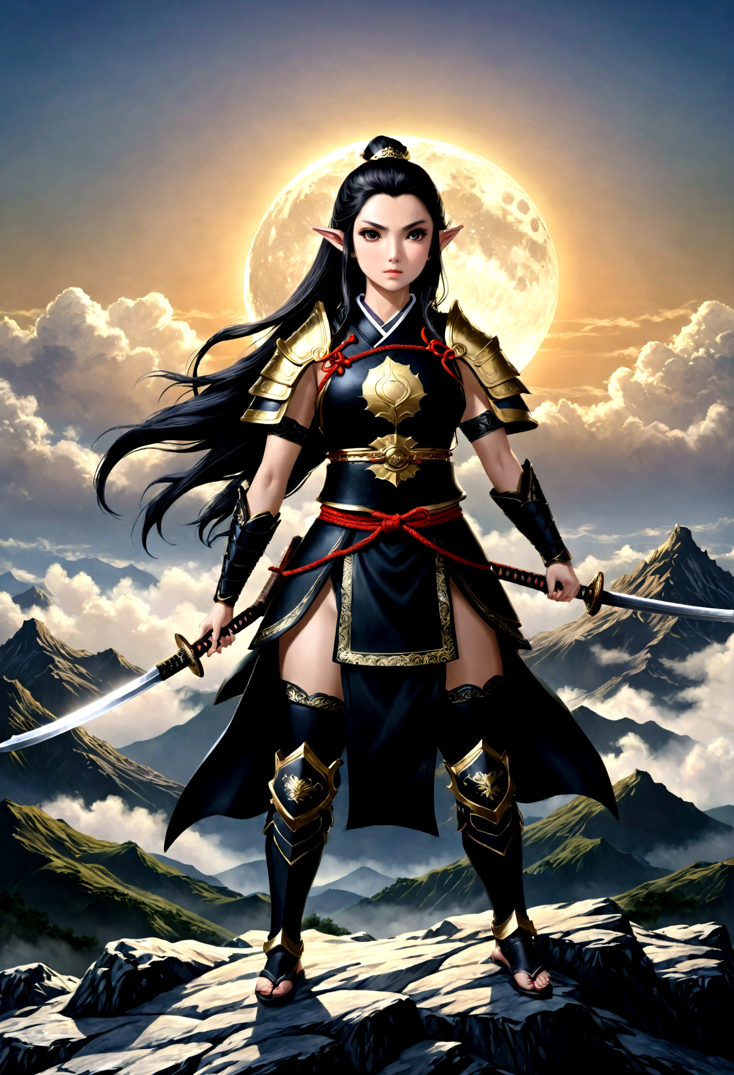 art fantastique, Art du RPG, dark art fantastique, une femme samouraï elfe, prêt à se battre, elle porte une armure de samouraï traditionnelle, armé d&#39;un katana, elle se tient au sommet de la montagne à l&#39;aube, exquise belle elfe femelle, cheveux longs, cheveux noirs, Cheveux raides, cheveux tressés, Yeux noirs, yeux intenses, petites oreilles pointues, sommet de montagne fantastique à l&#39;aube fond, lune, étoiles, des nuages, Dieu rayons, silhouette de lumière naturelle douce, Angle dynamique, photoréalisme, Vue panoramique, ultra meilleur réaliste, meilleurs détails, 16k, [ultra détaillé], chef-d&#39;œuvre, Meilleure qualité, (extrêmement détaillé), photoréalisme, 