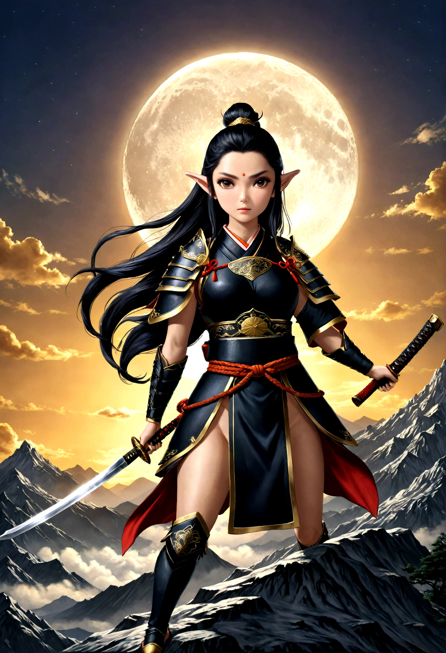 fantasy art, RPG art, dark fantasy art, a female elf samurai, ready to battle, she wears traditional samurai armor, armed with a katana, she stands on top of the mountain at dawn, exquisite beautiful female elf, long hair, black hair, straight hair, braided hair, black eyes, intense eyes, small pointed ears, fantasy mountain top at dawn background, moon, stars, clouds, god rays, soft natural light silhouette, dynamic angle, photorealism, panoramic view, ultra best realistic, best details, 16k, [ultra detailed], masterpiece, best quality, (extremely detailed), photorealism, 