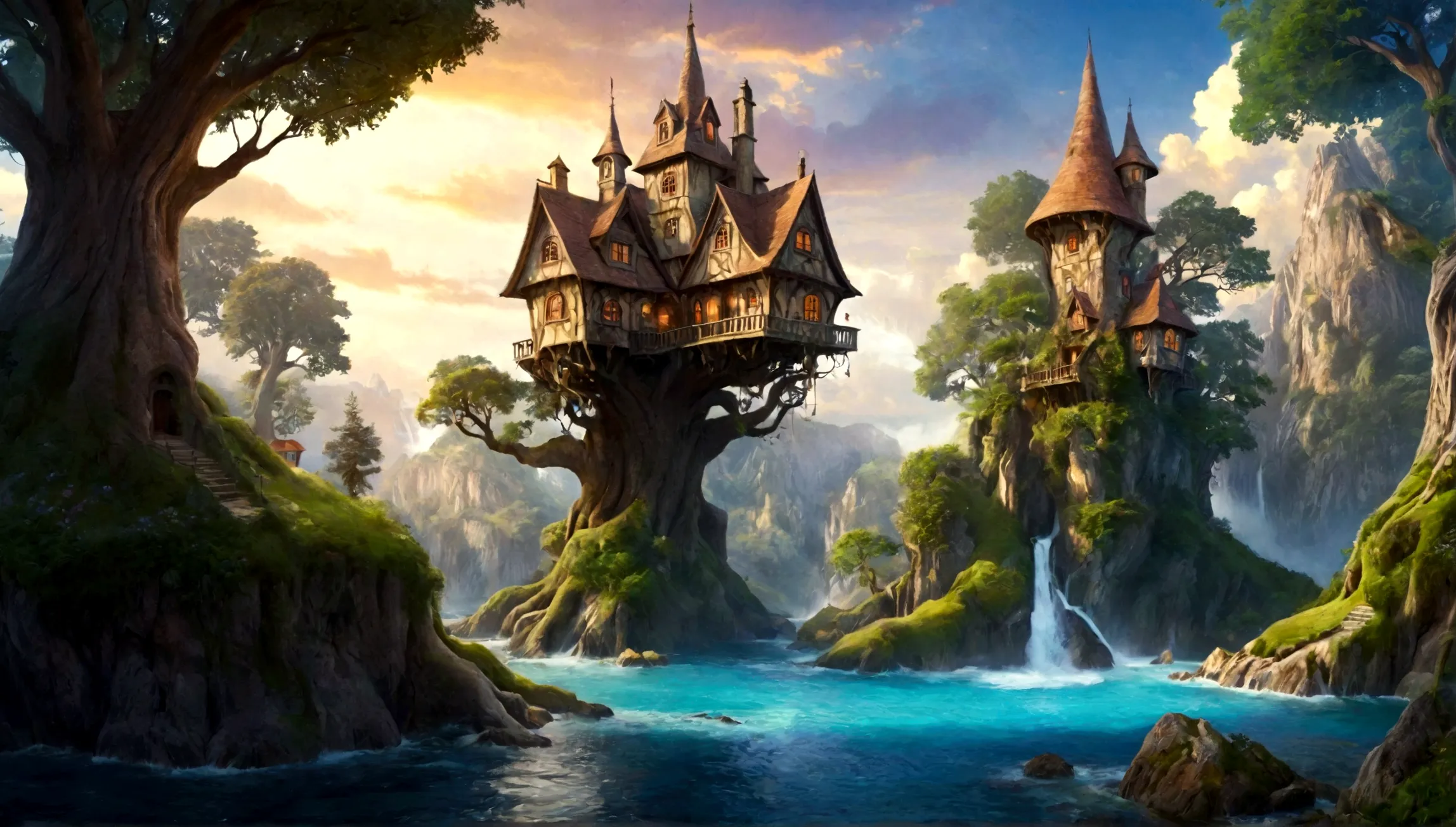 huge trees,  houses in tree, fairytale houses, magical houses