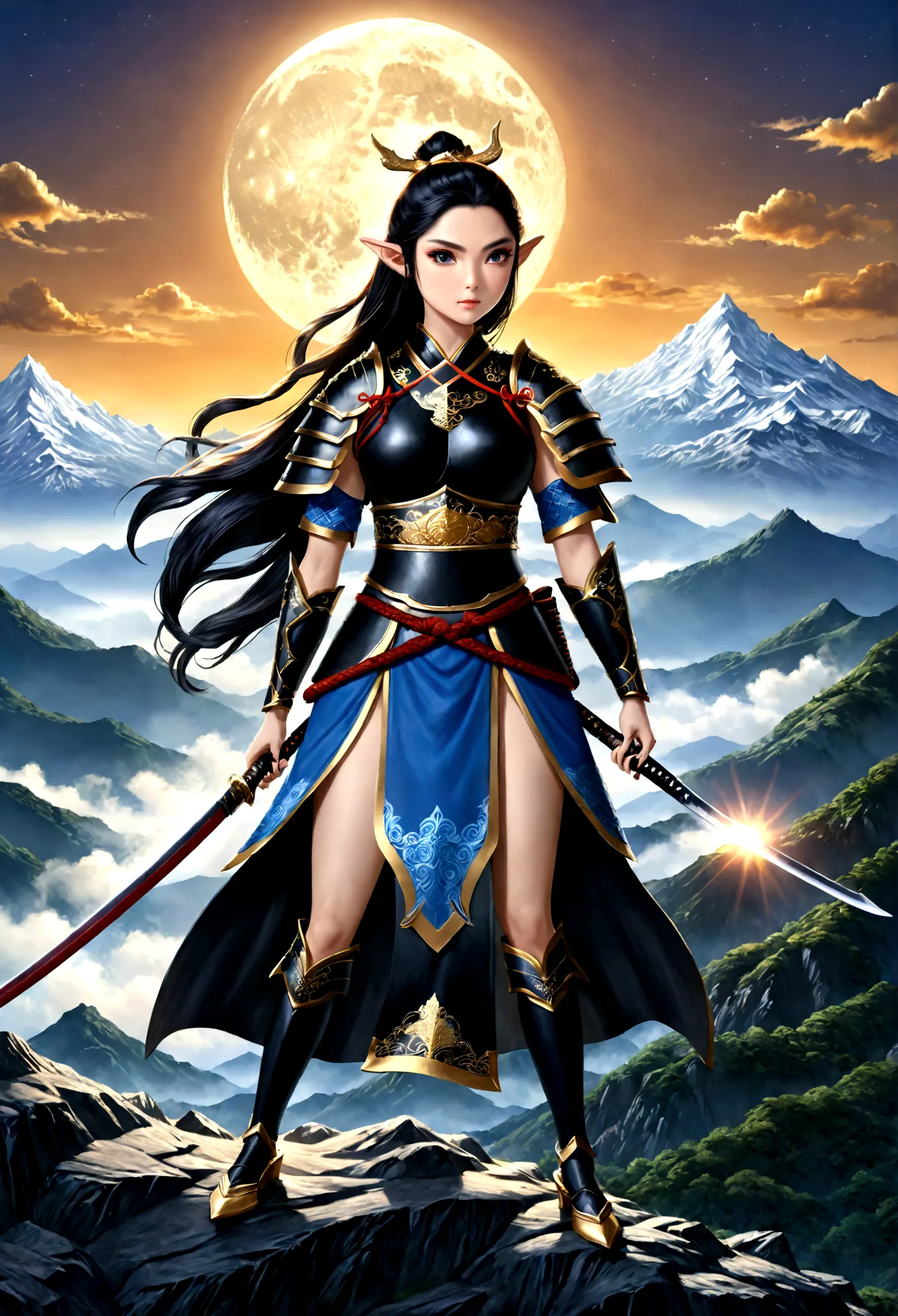 fantasy art, RPG art, dark fantasy art, a female elf samurai, ready to battle, she wears traditional samurai armor,  she wears (...