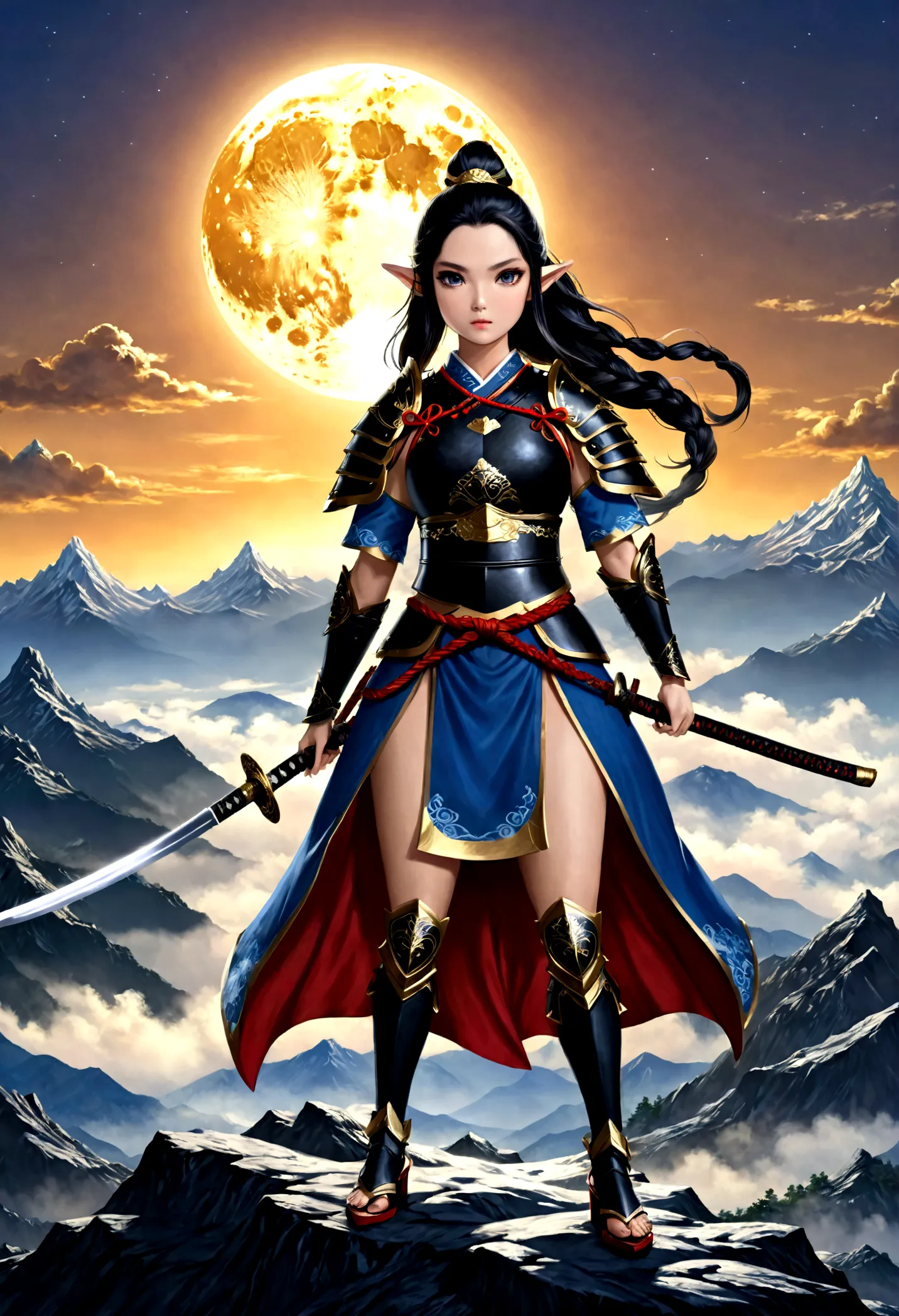 fantasy art, RPG art, dark fantasy art, a female elf samurai, ready to battle, she wears traditional samurai armor,  she wears (...