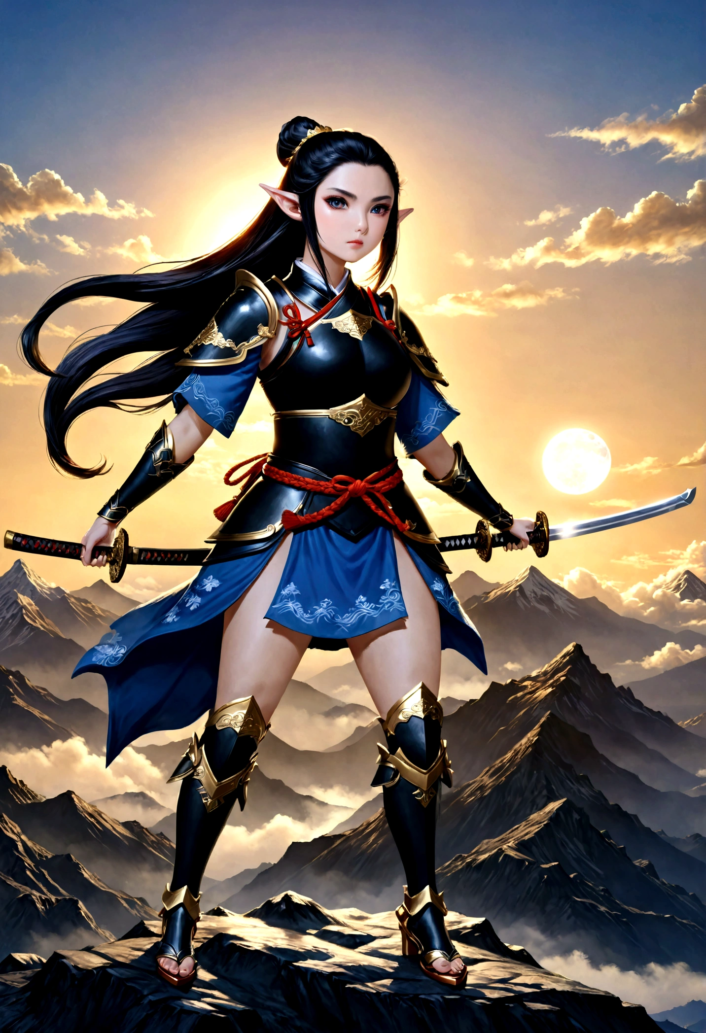fantasy art, RPG art, dark fantasy art, a female elf samurai, ready to battle, she wears traditional samurai armor,  she wears (armored skirt: 1.2), she wears blue high heeled boos, armed with a katana, she stands on top of the mountain at dawn, exquisite beautiful female elf, long hair, black hair, straight hair, braided hair, black eyes, intense eyes, small pointed ears, fantasy mountain top at dawn background, moon, stars, clouds, god rays, soft natural light silhouette, dynamic angle, photorealism, panoramic view, ultra best realistic, best details, 16k, [ultra detailed], masterpiece, best quality, (extremely detailed), photorealism, 