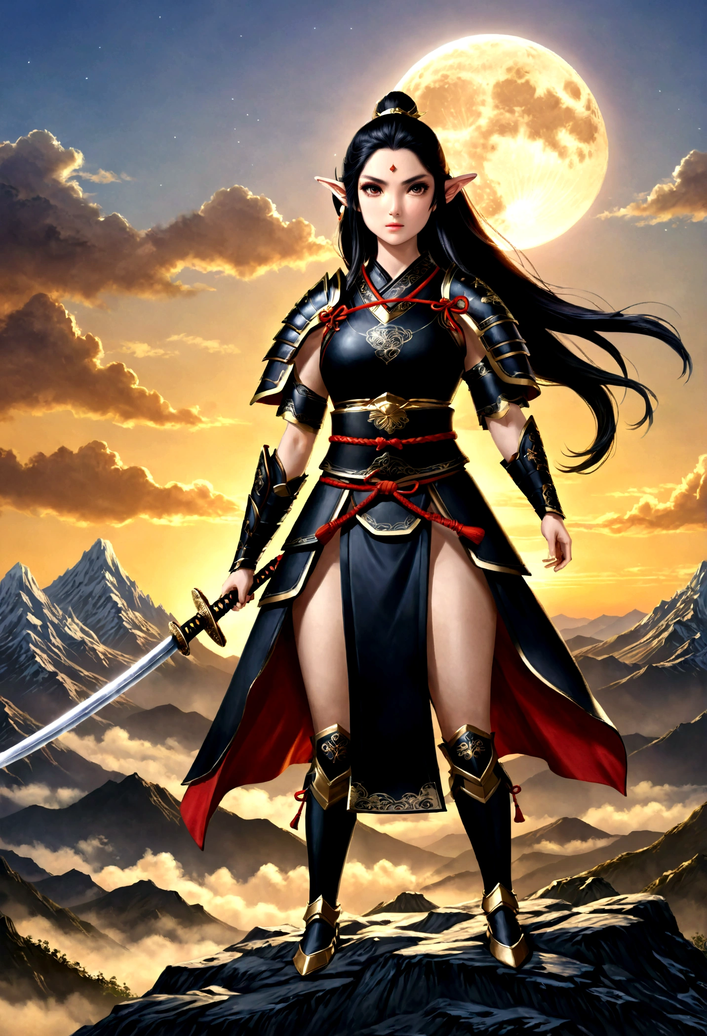 фэнтези-арт, РПГ арт, dark фэнтези-арт, женщина-эльф-самурай, готов к бою, она носит традиционные самурайские доспехи,  она носит бронированную юбку, вооружен катаной, она стоит на вершине горы на рассвете, изысканная красивая эльфийка, Длинные волосы, черные волосы, Прямые волосы, Плетеные волосы, черные глаза, напряженные глаза, маленькие заостренные уши, Фэнтезийная вершина горы на рассвете, луна, звезды, облака, Бог лучи, мягкий силуэт естественного света, Динамический угол, фотореализм, панорамный вид, ультра лучший реалистичный, лучшие детали, 16 тыс., [Ультра подробный], шедевр, Лучшее качество, (чрезвычайно подробный), фотореализм, 