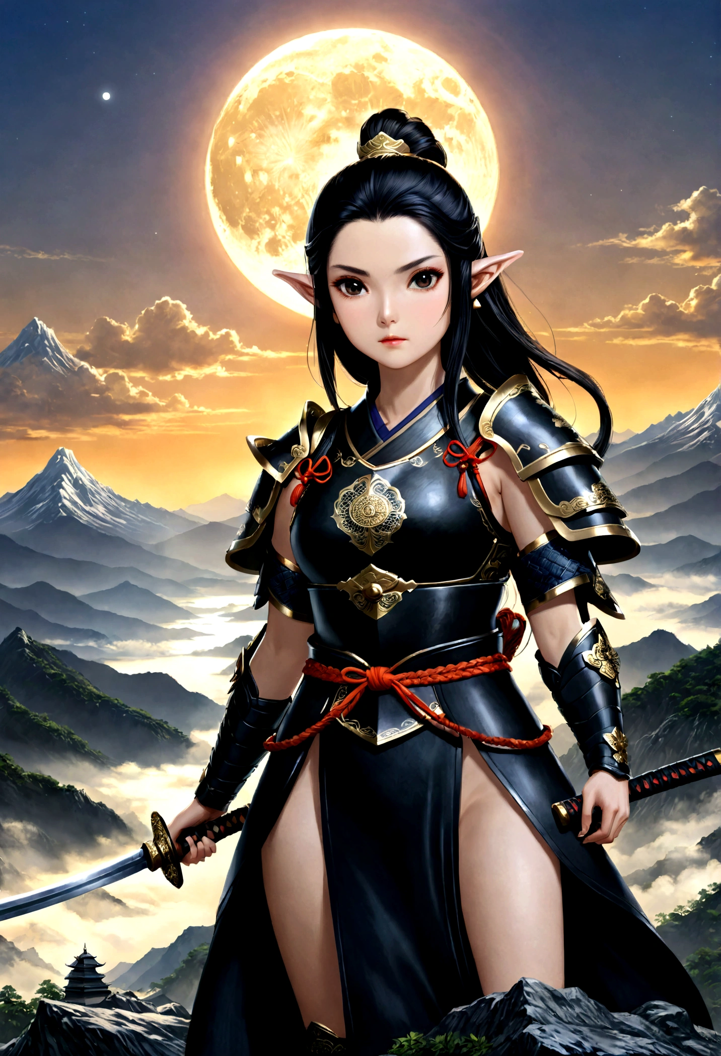 art fantastique, Art du RPG, dark art fantastique, une femme samouraï elfe, prêt à se battre, elle porte une armure de samouraï traditionnelle,  elle porte une jupe blindée, armé d&#39;un katana, elle se tient au sommet de la montagne à l&#39;aube, exquise belle elfe femelle, cheveux longs, cheveux noirs, Cheveux raides, cheveux tressés, Yeux noirs, yeux intenses, petites oreilles pointues, sommet de montagne fantastique à l&#39;aube fond, lune, étoiles, des nuages, Dieu rayons, silhouette de lumière naturelle douce, Angle dynamique, photoréalisme, Vue panoramique, ultra meilleur réaliste, meilleurs détails, 16k, [ultra détaillé], chef-d&#39;œuvre, Meilleure qualité, (extrêmement détaillé), photoréalisme, 