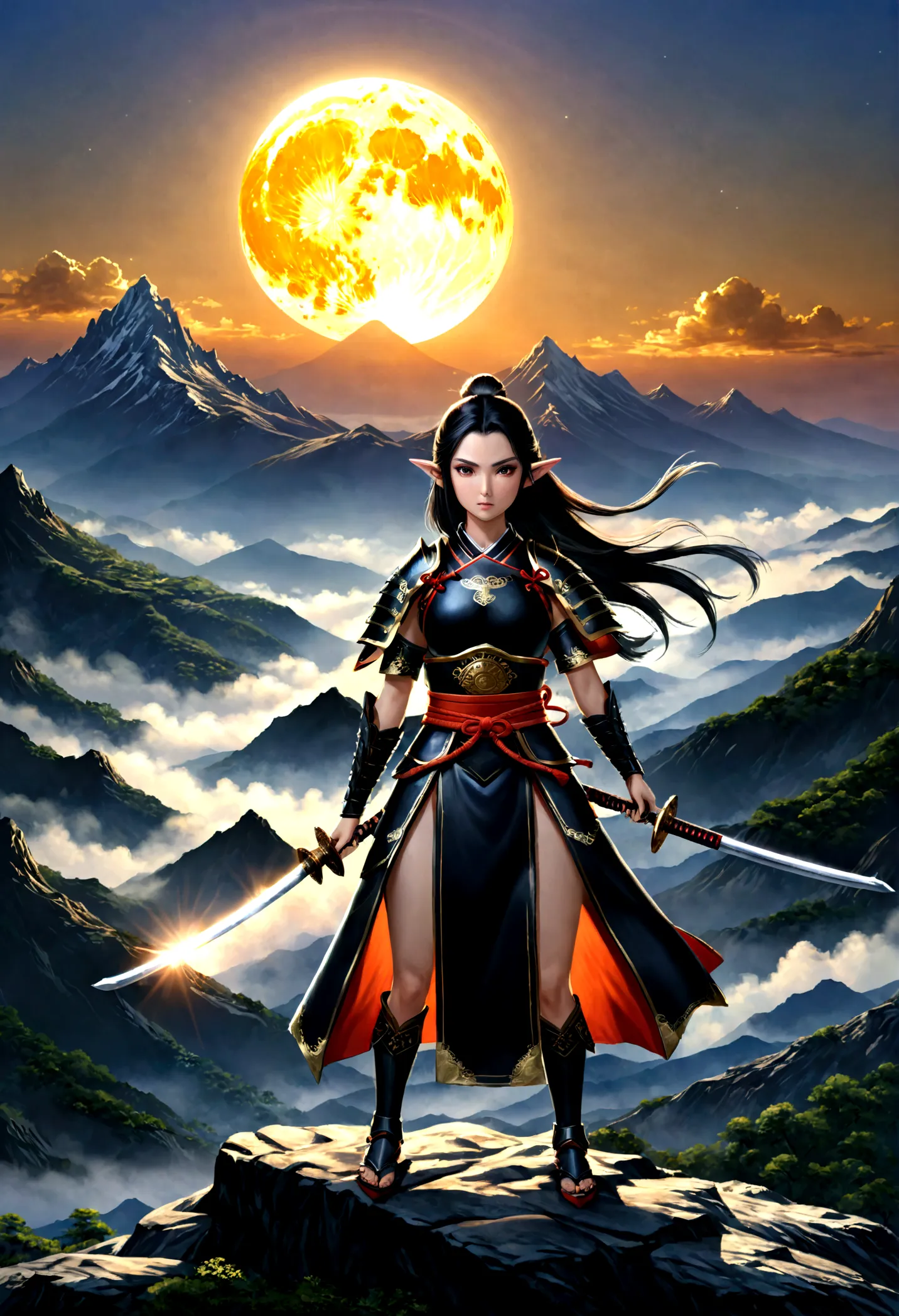 fantasy art, RPG art, dark fantasy art, a female elf samurai, ready to battle, she wears traditional samurai armor,  she wears a...