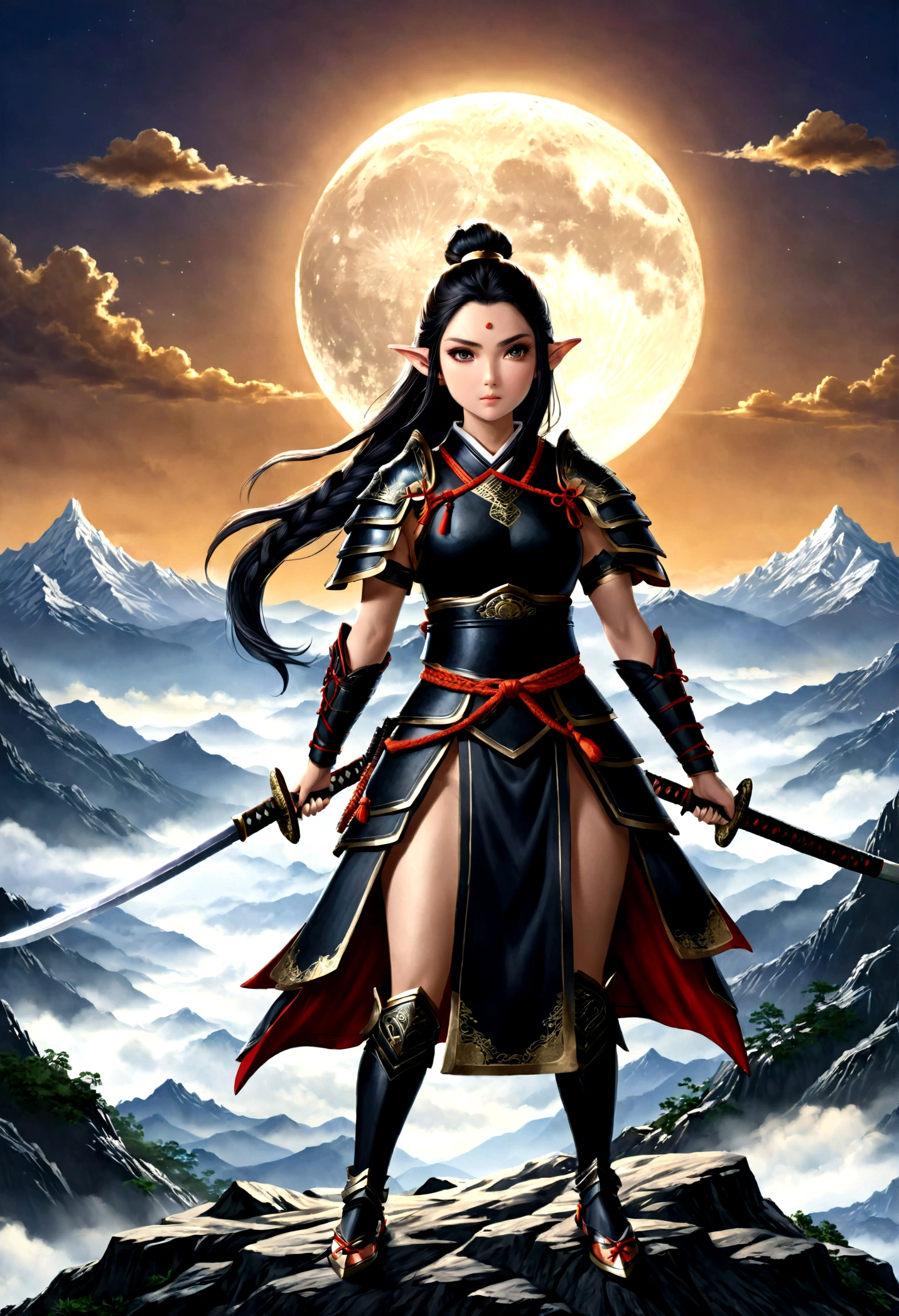 fantasy art, RPG art, dark fantasy art, a female elf samurai, ready to battle, she wears traditional samurai armor,  she wears armored skirt, armed with a katana, she stands on top of the mountain at dawn, exquisite beautiful female elf, long hair, black hair, straight hair, braided hair, black eyes, intense eyes, small pointed ears, fantasy mountain top at dawn background, moon, stars, clouds, god rays, soft natural light silhouette, dynamic angle, photorealism, panoramic view, ultra best realistic, best details, 16k, [ultra detailed], masterpiece, best quality, (extremely detailed), photorealism, 