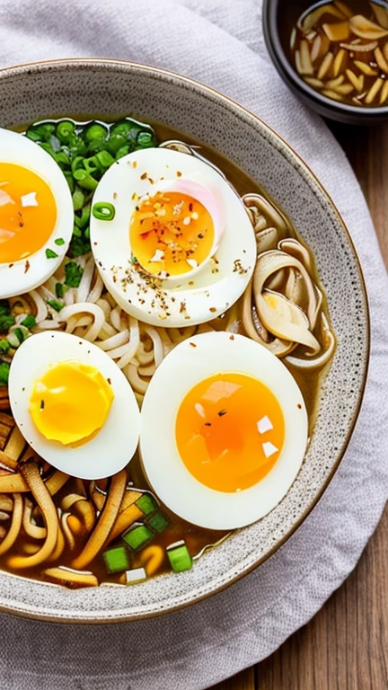 Deliciously Hearty Bowl of Ramen with Soft-Boiled Eggs and Onions