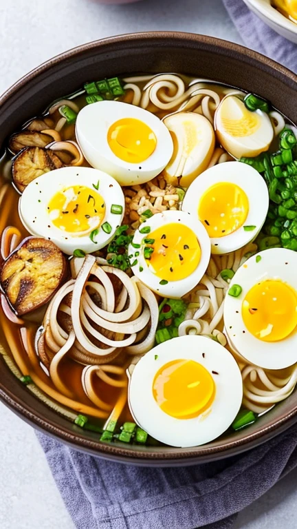 Deliciously Hearty Bowl of Ramen with Soft-Boiled Eggs and Onions