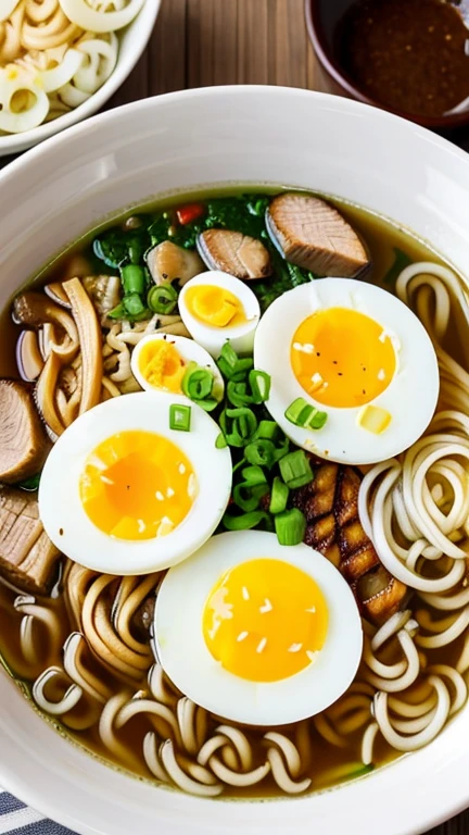 Deliciously Hearty Bowl of Ramen with Soft-Boiled Eggs and Onions