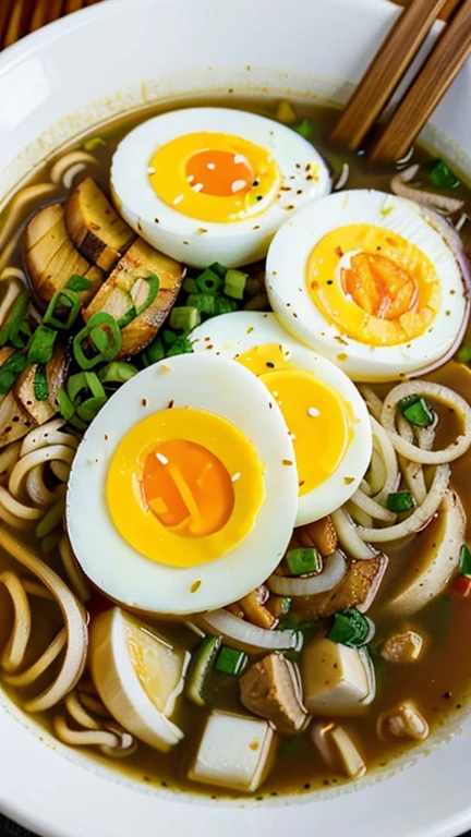 Deliciously Hearty Bowl of Ramen with Soft-Boiled Eggs and Onions