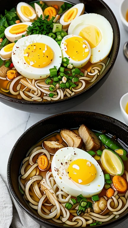 Deliciously Hearty Bowl of Ramen with Soft-Boiled Eggs and Onions