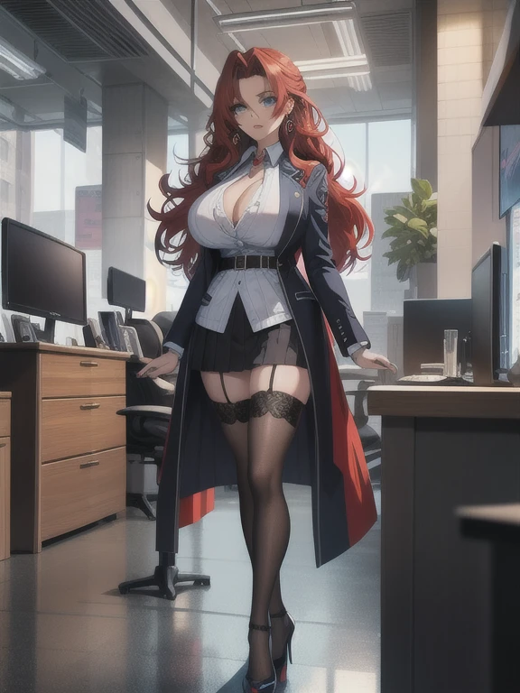 (highres, best quality:1.2), intricate details, vibrant image, sharpness, colorful,
, solo, 1girl, mature female, milf, full body shot, looking at viewer, standing , (against wall:1.1),indoors, office, table, chair, computer, coffee mug, window, sky,
determined, red hair, long hair, loose hair, makeup, blue eyes, perfect eyes, perfect face, detailed face, earrings, 
 shirt dress, miniskirt, thighhighs, high heels, 
slim, mediun breasts, cleavage, thighs, 

