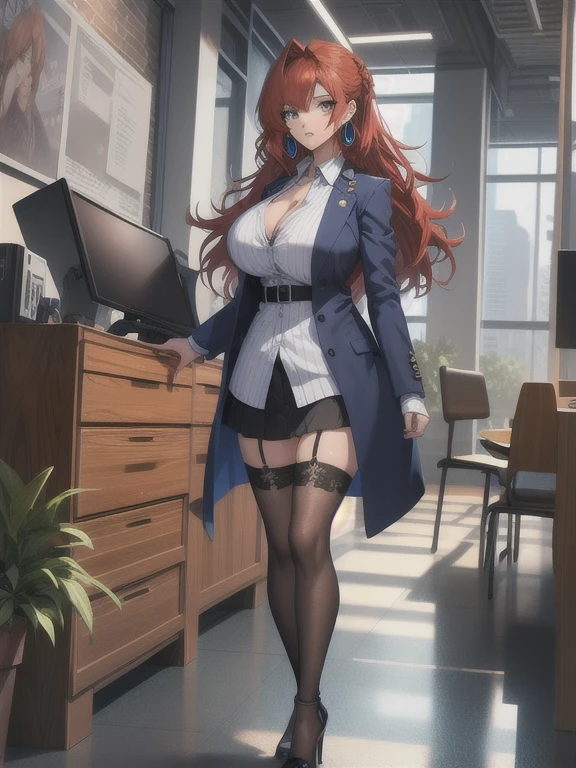 (highres, best quality:1.2), intricate details, vibrant image, sharpness, colorful,
, solo, 1girl, mature female, milf, full body shot, looking at viewer, standing , (against wall:1.1),indoors, office, table, chair, computer, coffee mug, window, sky,
determined, red hair, long hair, loose hair, makeup, blue eyes, perfect eyes, perfect face, detailed face, earrings, 
 shirt dress, miniskirt, thighhighs, high heels, 
slim, mediun breasts, cleavage, thighs, 

