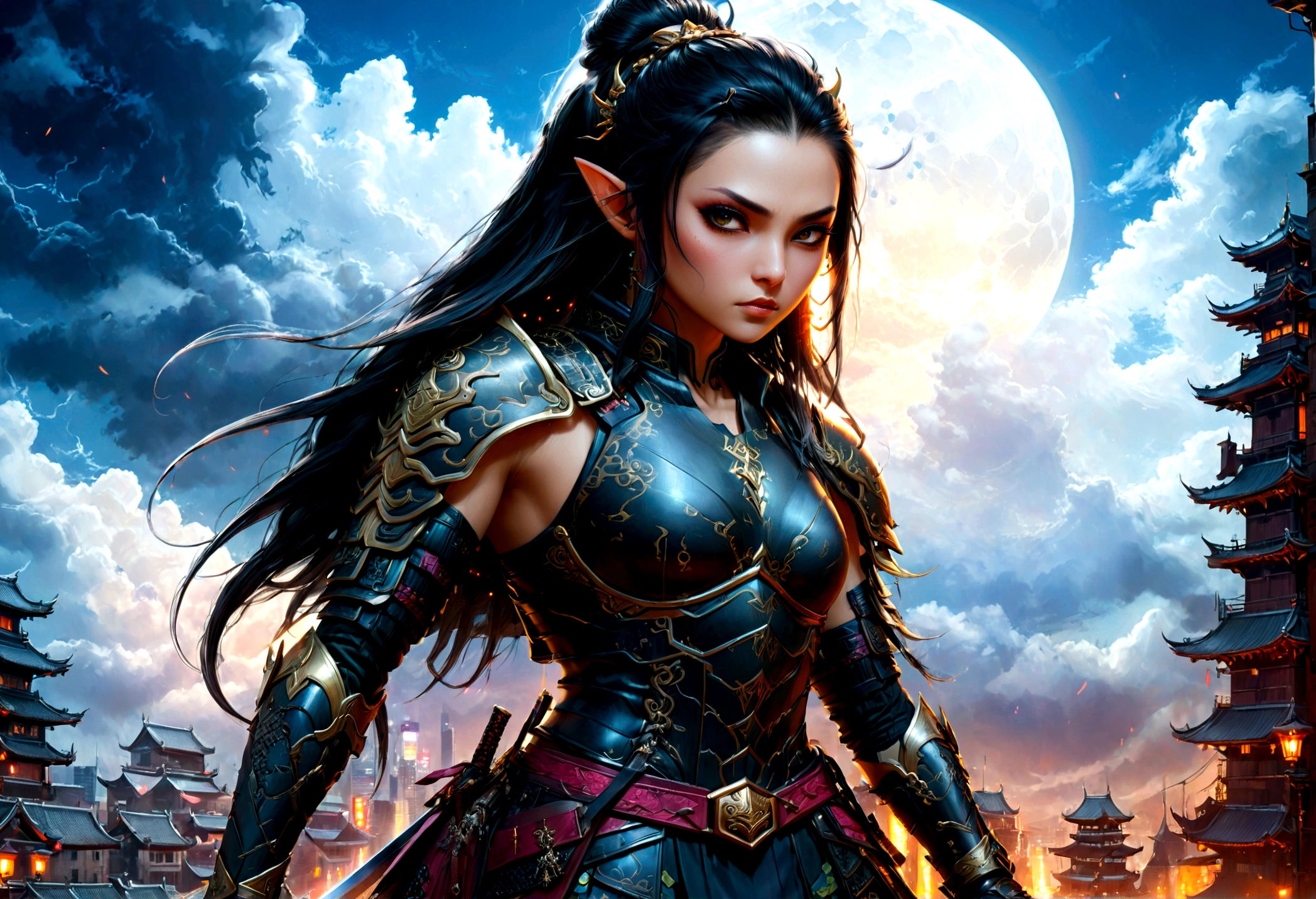 fantasy art, RPG art, dark fantasy art, a female elf samurai, ready to battle, she wears traditional samurai armor, she wears armored skirt, armed with a katana, she stands on top of a tower in a cyberpunk city, exquisite beautiful female elf, long hair, black hair, straight hair, braided hair, black eyes, intense eyes, small pointed ears, cyberpunk city at night, background, moon, stars, clouds, god rays, soft natural light, dynamic angle, photorealism, panoramic view, ultra best realistic, best details, 16k, [ultra detailed], masterpiece, best quality, (extremely detailed), photorealism, 