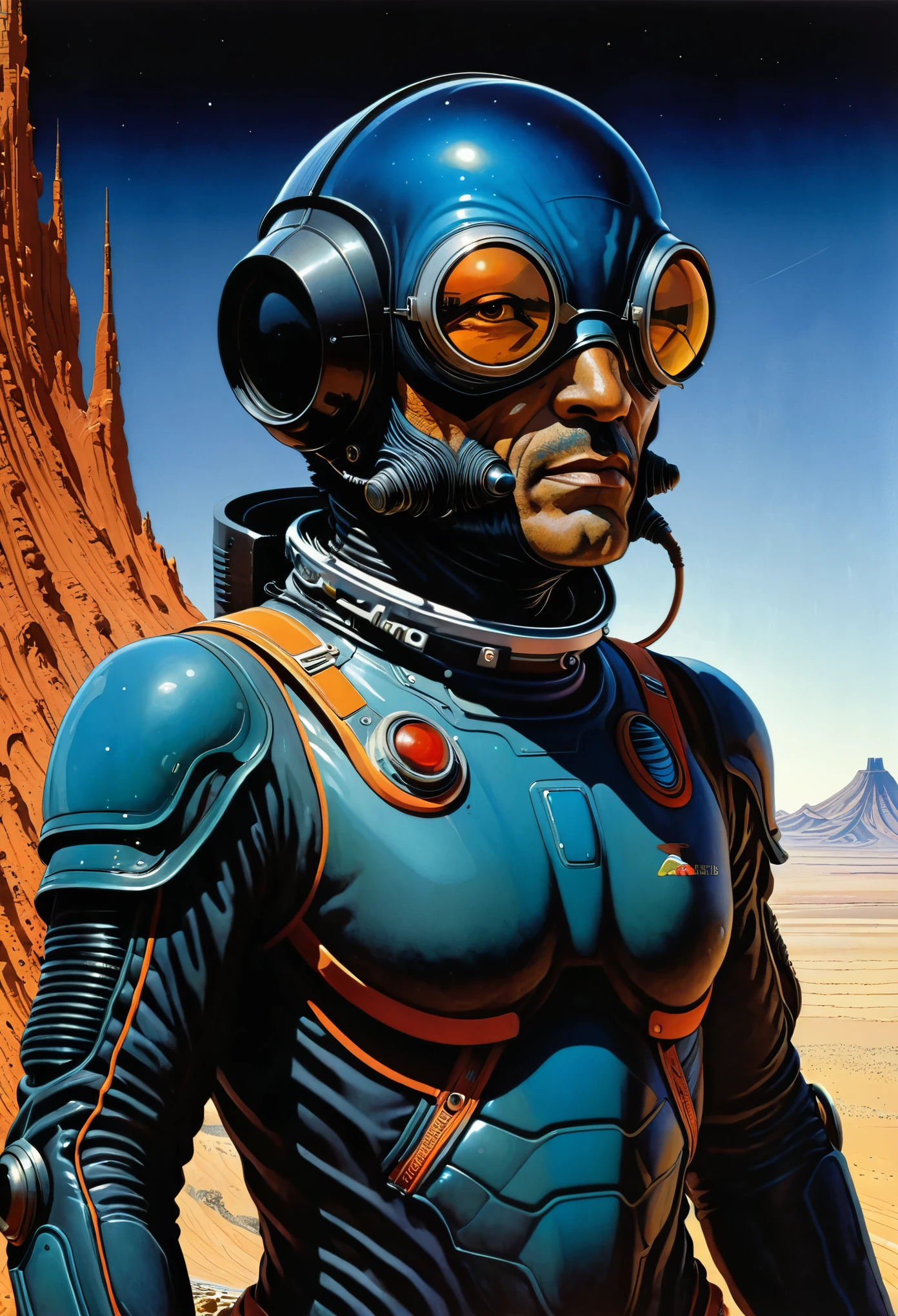 Moebius Style (Jean Giraud) - Painting by Jean Giraud Moebius, ((masterpiece)), ((best quality)), (masterpiece, highest quality), portrait of an insectoid cosmonaut with shiny black scaly skin, in a space suit, with a frown, shiny black scaly skin, intricate complexity, surreal horror, a dynamic scene, streaks of paint, a trend in art. station, photoreality, 8K, octane, Greg Rutkowski rendering, full-length body, dynamic Mobius face style