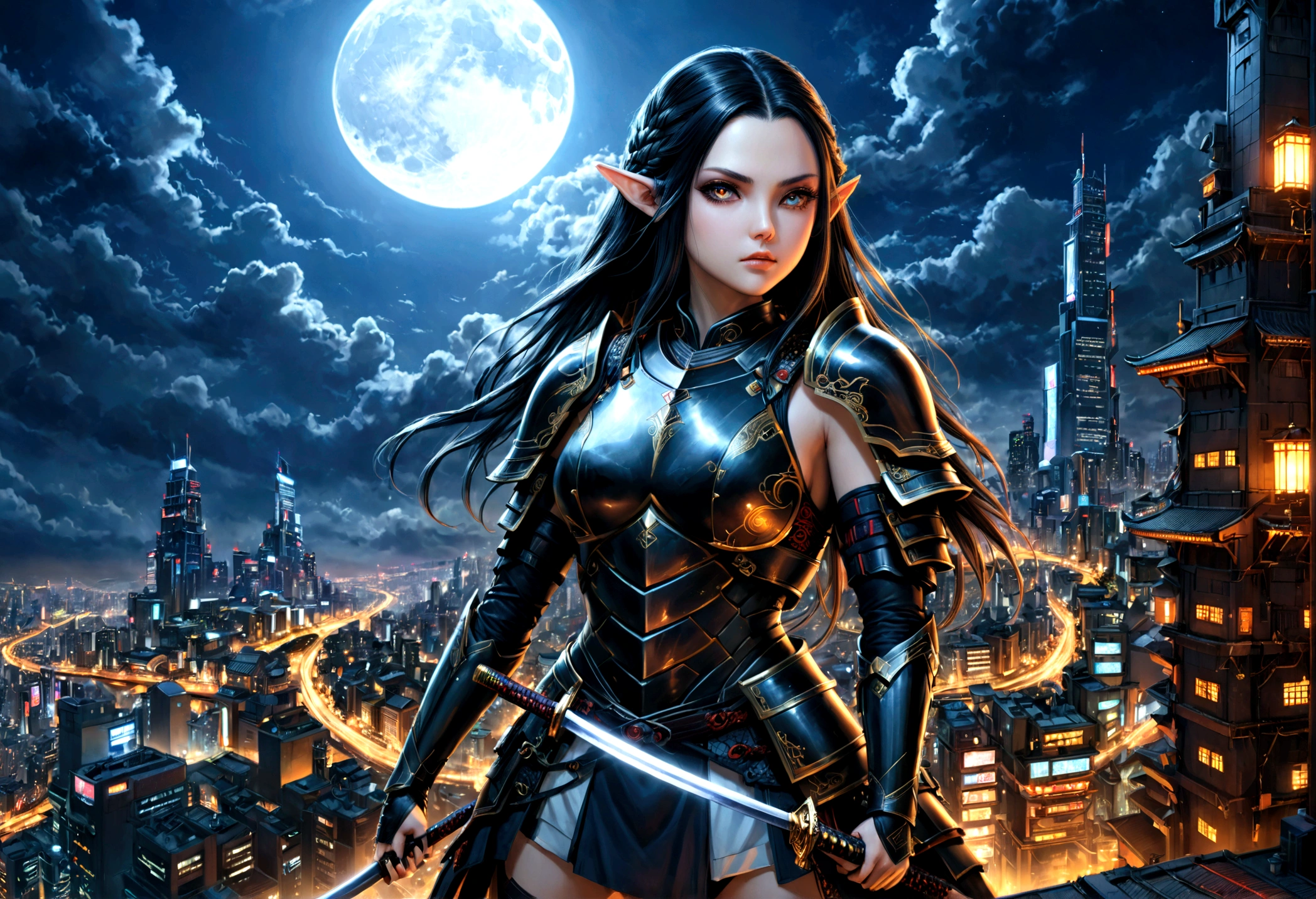 fantasy art, RPG art, dark fantasy art, a female elf samurai, ready to battle, she wears traditional samurai armor, she wears armored skirt, armed with a katana, she stands on top of a tower in a cyberpunk city, exquisite beautiful female elf, long hair, black hair, straight hair, braided hair, black eyes, intense eyes, small pointed ears, cyberpunk city at night, background, moon, stars, clouds, god rays, soft natural light, dynamic angle, photorealism, panoramic view, ultra best realistic, best details, 16k, [ultra detailed], masterpiece, best quality, (extremely detailed), photorealism, 