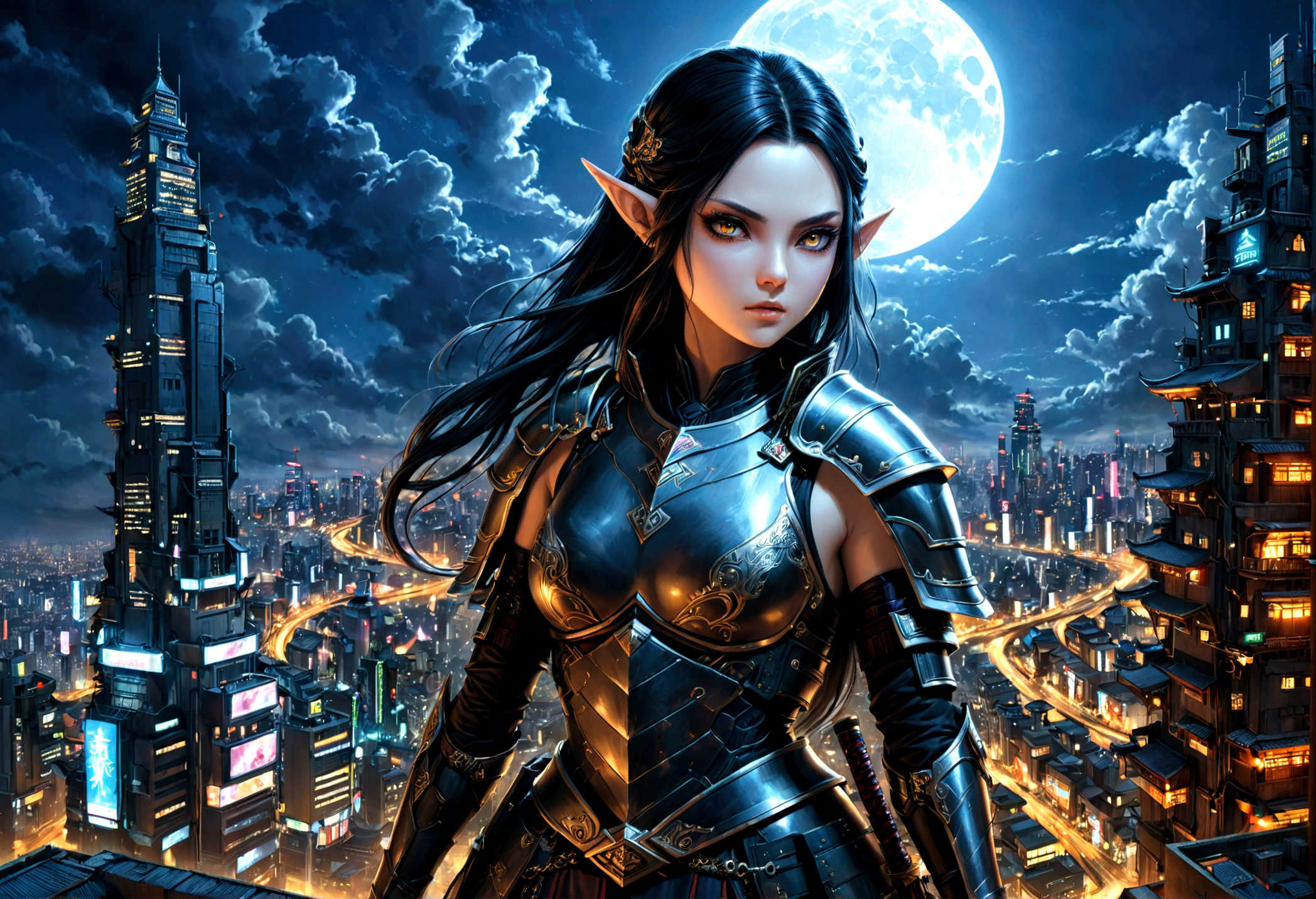 fantasy art, RPG art, dark fantasy art, a female elf samurai, ready to battle, she wears traditional samurai armor, she wears armored skirt, armed with a katana, she stands on top of a tower in a cyberpunk city, exquisite beautiful female elf, long hair, black hair, straight hair, braided hair, black eyes, intense eyes, small pointed ears, cyberpunk city at night, background, moon, stars, clouds, god rays, soft natural light, dynamic angle, photorealism, panoramic view, ultra best realistic, best details, 16k, [ultra detailed], masterpiece, best quality, (extremely detailed), photorealism, 