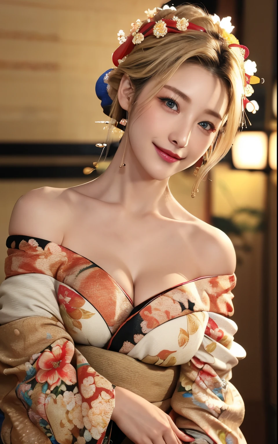 Realistic:1.8、bionde、Italian、highest quality、1 girl、,Glowing Skin、Professional Lighting,Photorealistic、Perfect body、super high quality、Ultra-high Realistic image quality、Japanese、(Off-the-shoulder short length floral print kimono:1.6)、(Cleavage:1.5)、Tight waist、(bionde:1.3)、(Blurred Background)、(Grin)、、Blue eyes、bionde、Tattoos all over the body、short hair、Hair tied up、Full body photo、Sexy Face、short hair、 A look of complete lust、(((masterpiece)))、((highest quality))、((超Realistic))、Mature woman、Mature woman、perspective、Very detailed、The perfect temptation、Best image quality、Fine-grained image quality、beautiful、European, woman, French, woman Italian, Italian, smile、Blue eyes、jewelry, Blue eyes, Realistic, High resolution, Soft Light,Hip Up, Glowing Skin, (Detailed face),tattoo, jewelry, , night, bionde, Wavy Hair,attractive appearance, smile, Perfect Style, Perfect balance,
