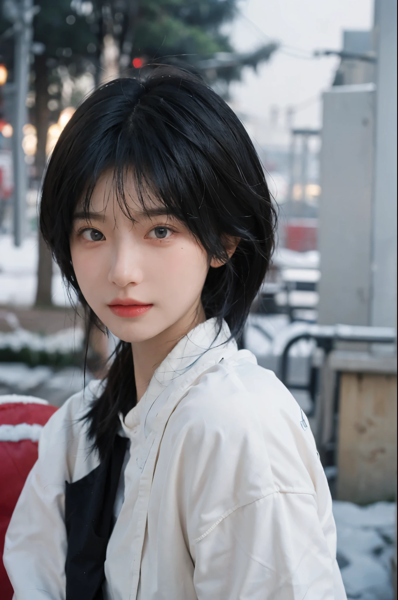 Best quality，Ultra-high resolution，（lifelike：1.4），Cute hairpin，2girll，Sparkling eyes，Short blue hair，jk，Snow-white skin，Blush，Slim beauty：1.4，，At school，Ultra-fine face，Exquisite eyes，Double eyelids，