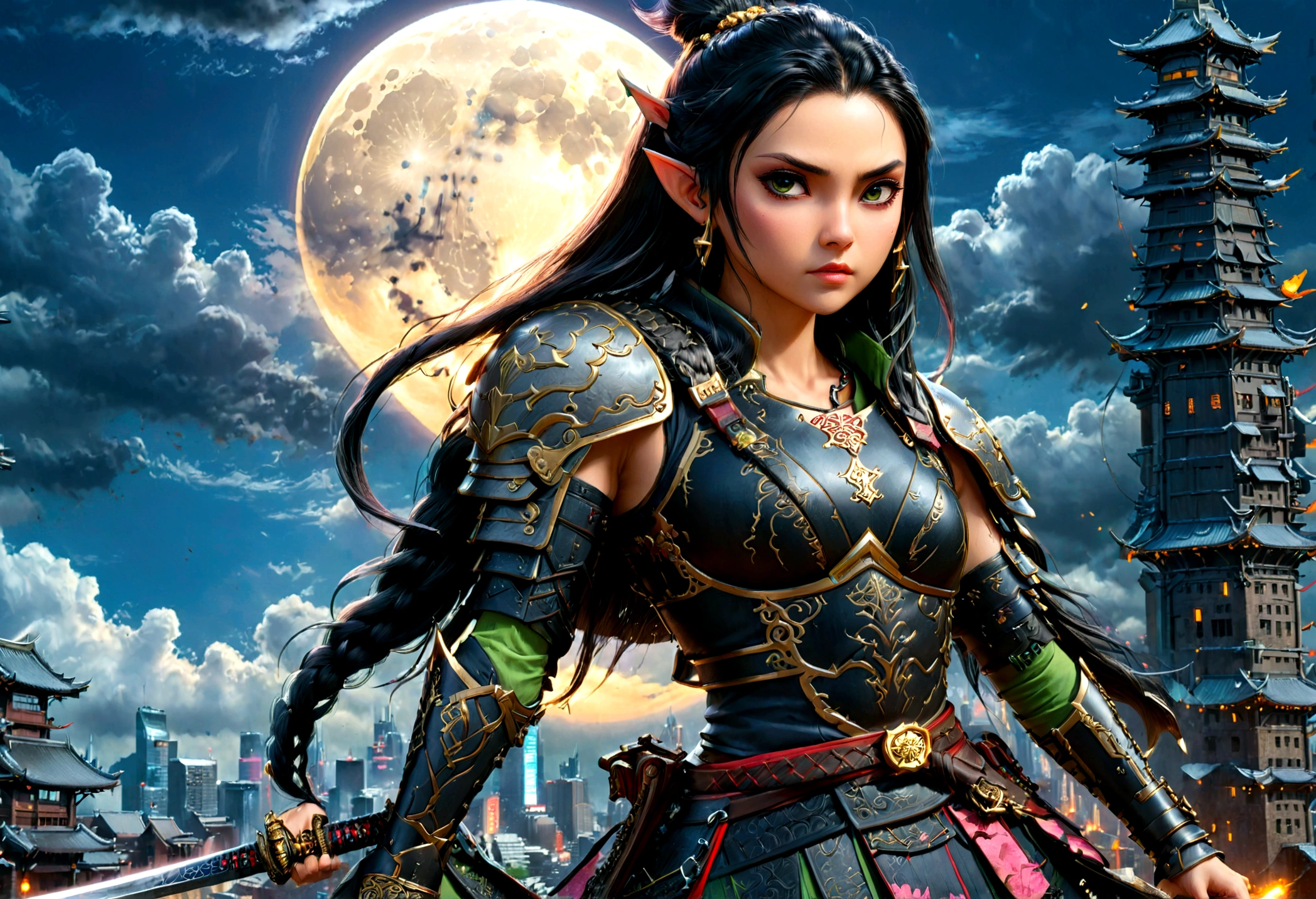fantasy art, RPG art, dark fantasy art, a female elf samurai, ready to battle, she wears traditional samurai armor, she wears armored skirt, armed with a katana, she stands on top of a tower in a cyberpunk city, exquisite beautiful female elf, long hair, black hair, straight hair, braided hair, black eyes, intense eyes, small pointed ears, cyberpunk city at night, background, moon, stars, clouds, god rays, soft natural light, dynamic angle, photorealism, panoramic view, ultra best realistic, best details, 16k, [ultra detailed], masterpiece, best quality, (extremely detailed), photorealism, 