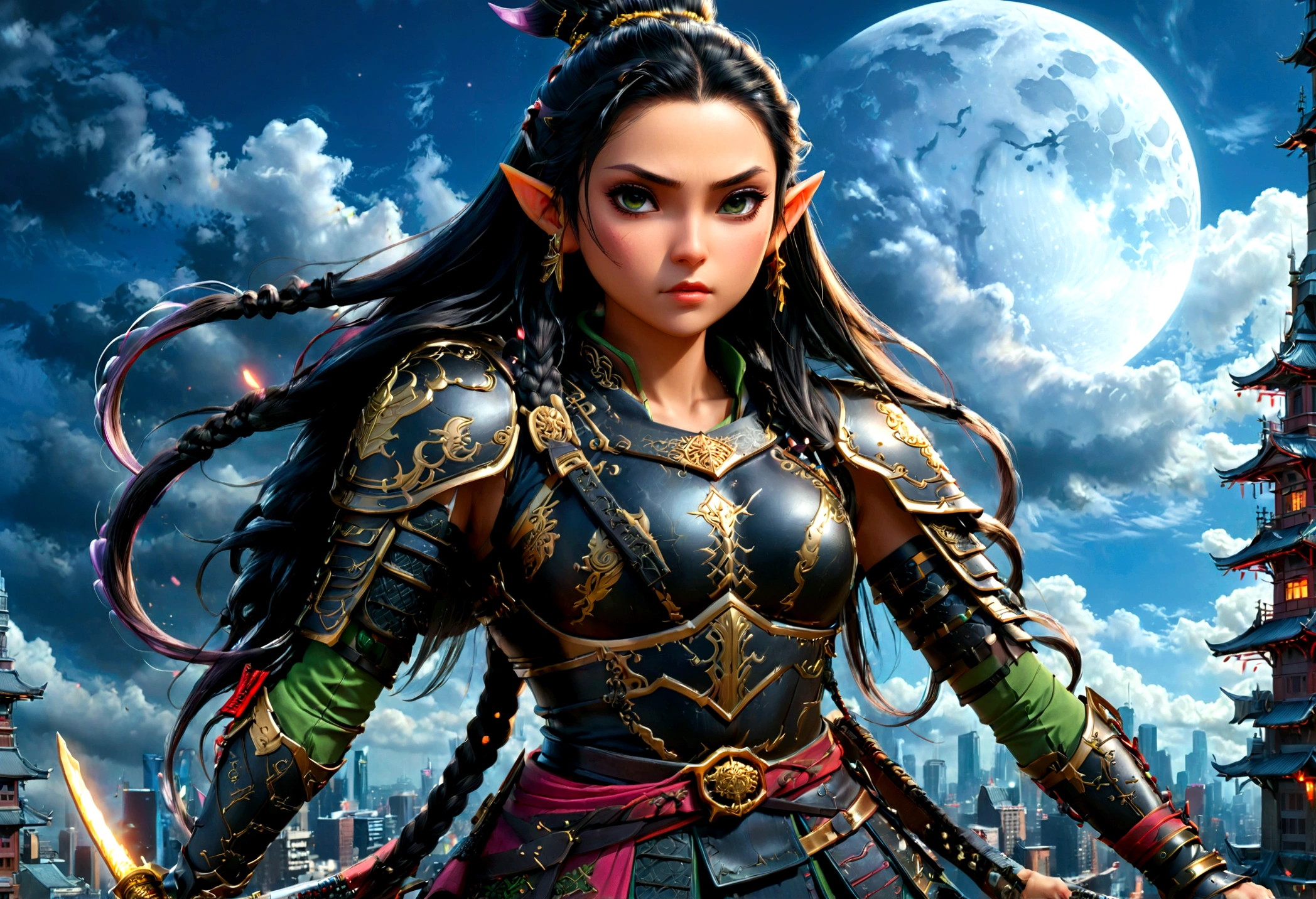 fantasy art, RPG art, dark fantasy art, a female elf samurai, ready to battle, she wears traditional samurai armor, she wears armored skirt, armed with a katana, she stands on top of a tower in a cyberpunk city, exquisite beautiful female elf, long hair, black hair, straight hair, braided hair, black eyes, intense eyes, small pointed ears, cyberpunk city at night, background, moon, stars, clouds, god rays, soft natural light, dynamic angle, photorealism, panoramic view, ultra best realistic, best details, 16k, [ultra detailed], masterpiece, best quality, (extremely detailed), photorealism, 