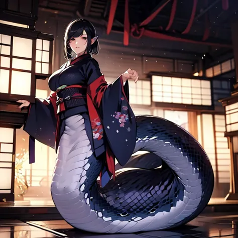 Snake Woman,Woman in Japanese clothing,White scales,The lower part of the body is a large snake,Black Scales